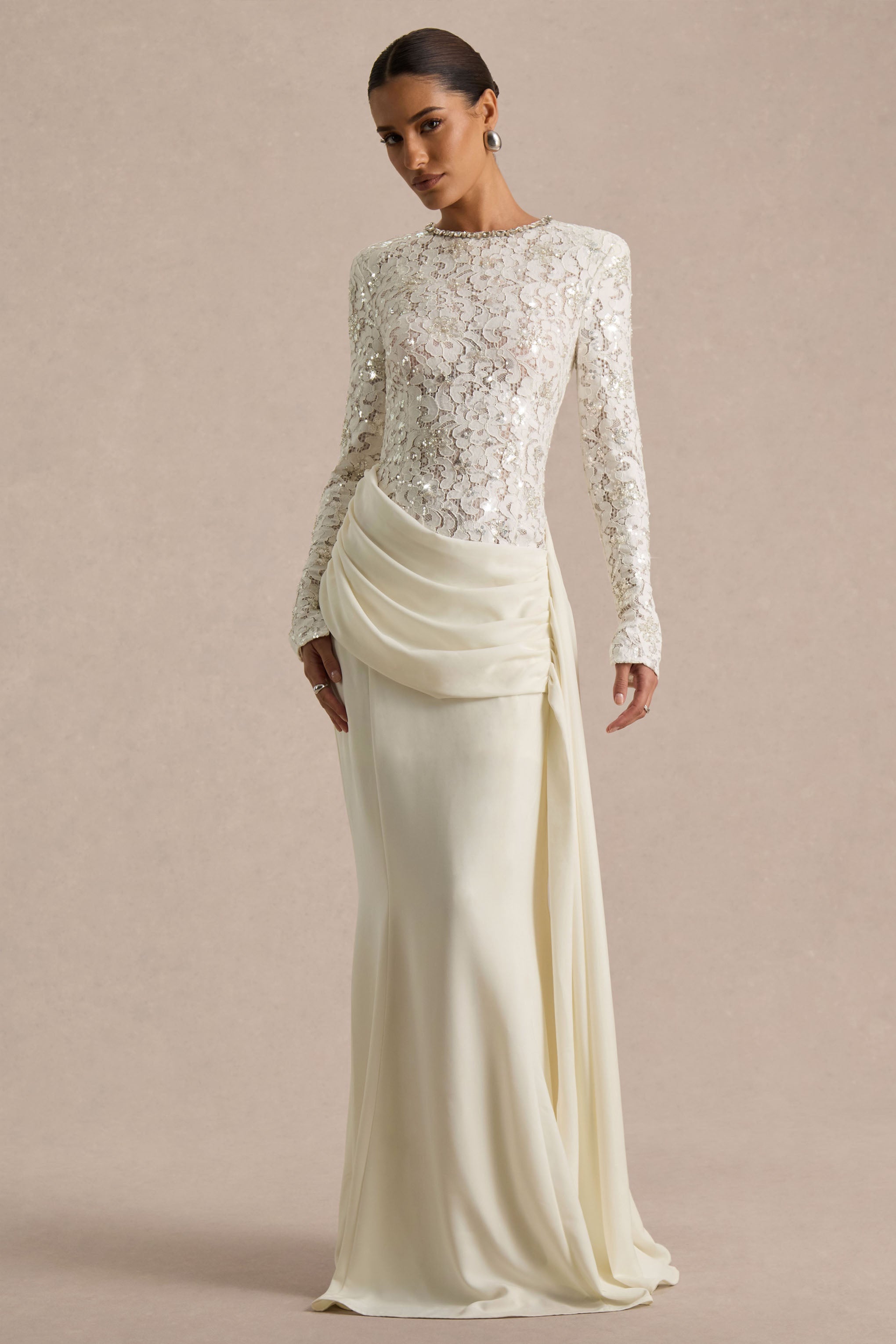 Beau | Ecru Lace Embellished Crew-Neck Maxi Dress With Draped Detail