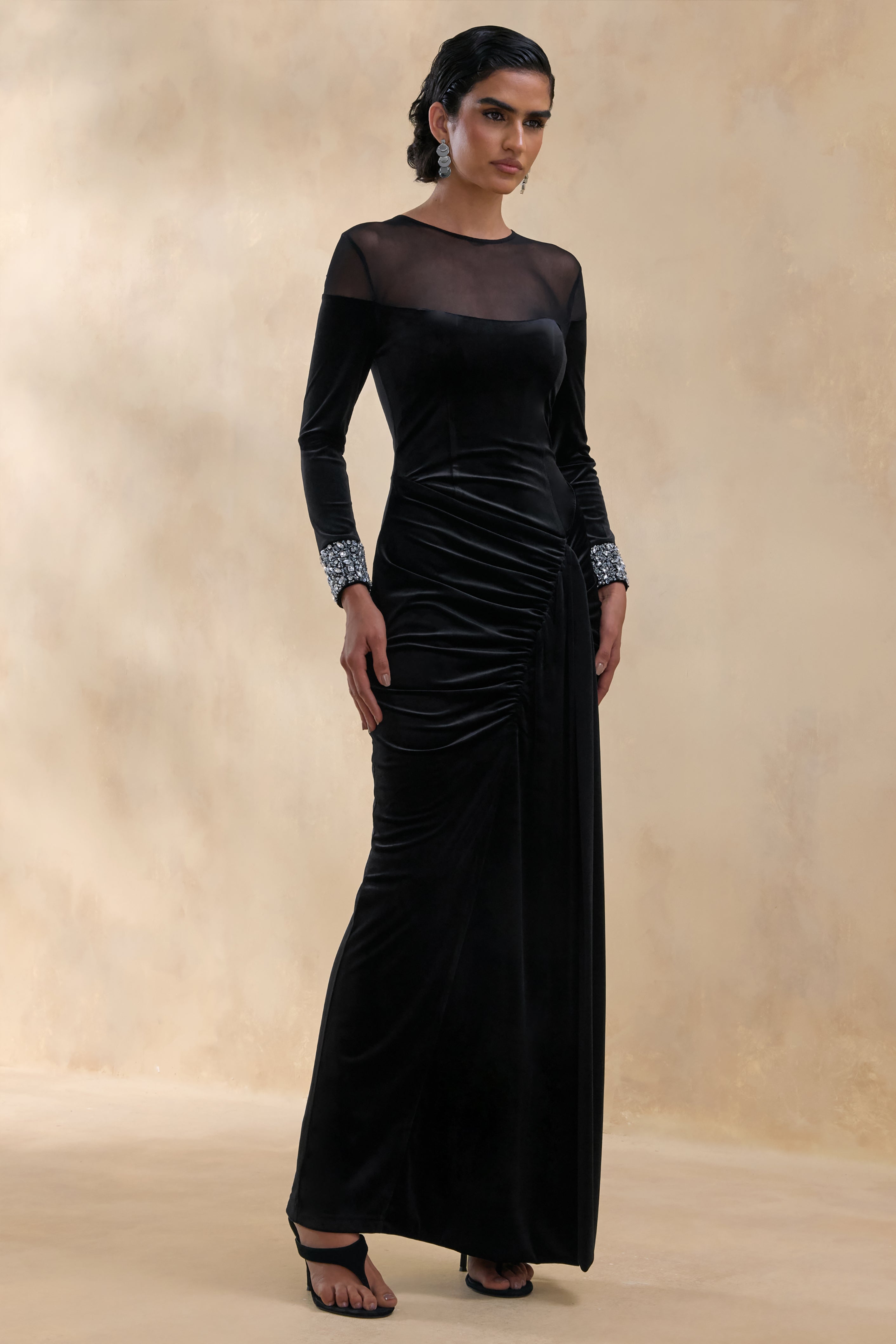 Perrin | Black Velvet Crew-Neck Maxi Dress With Embellished Cuffs