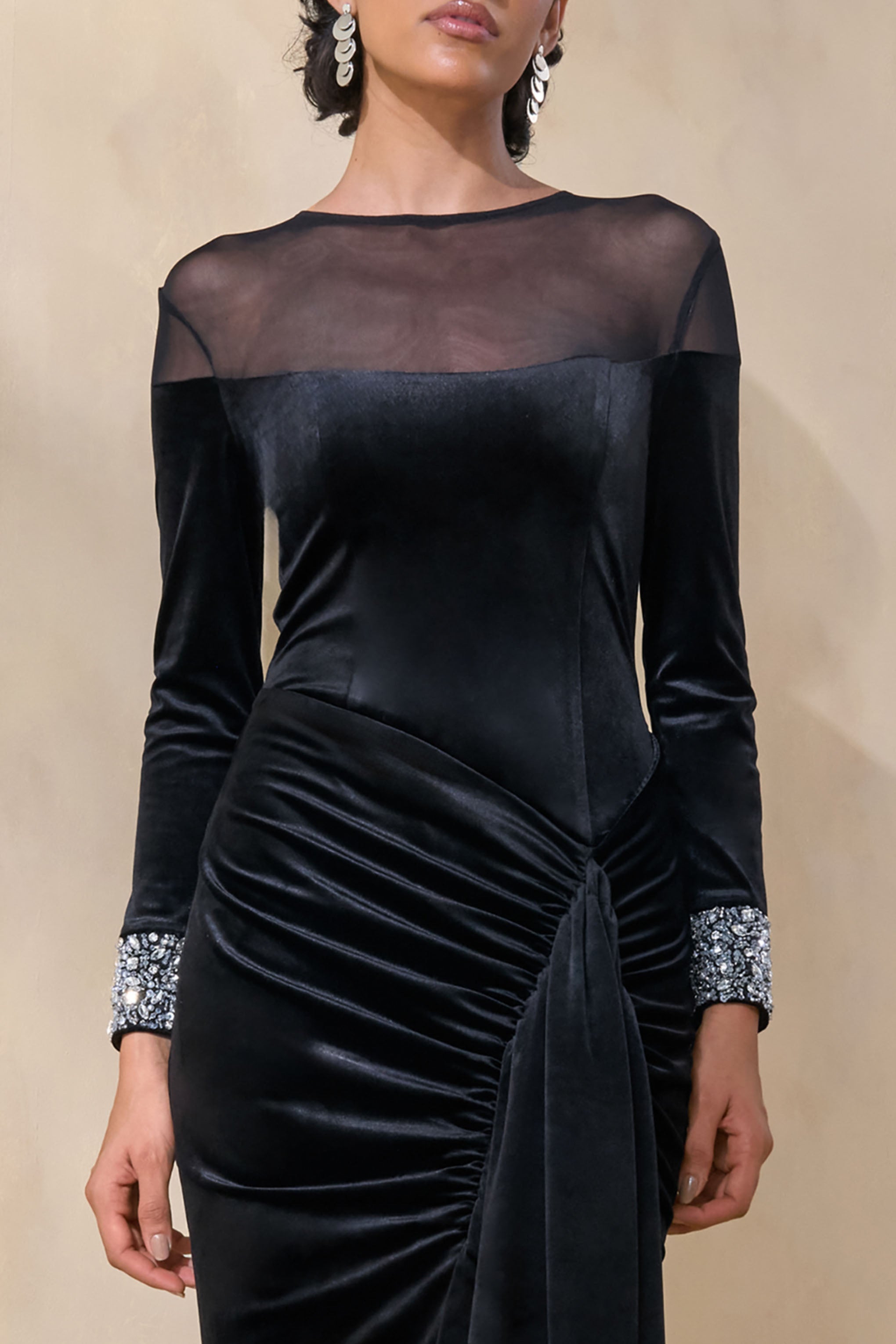 Perrin | Black Velvet Crew-Neck Maxi Dress With Embellished Cuffs