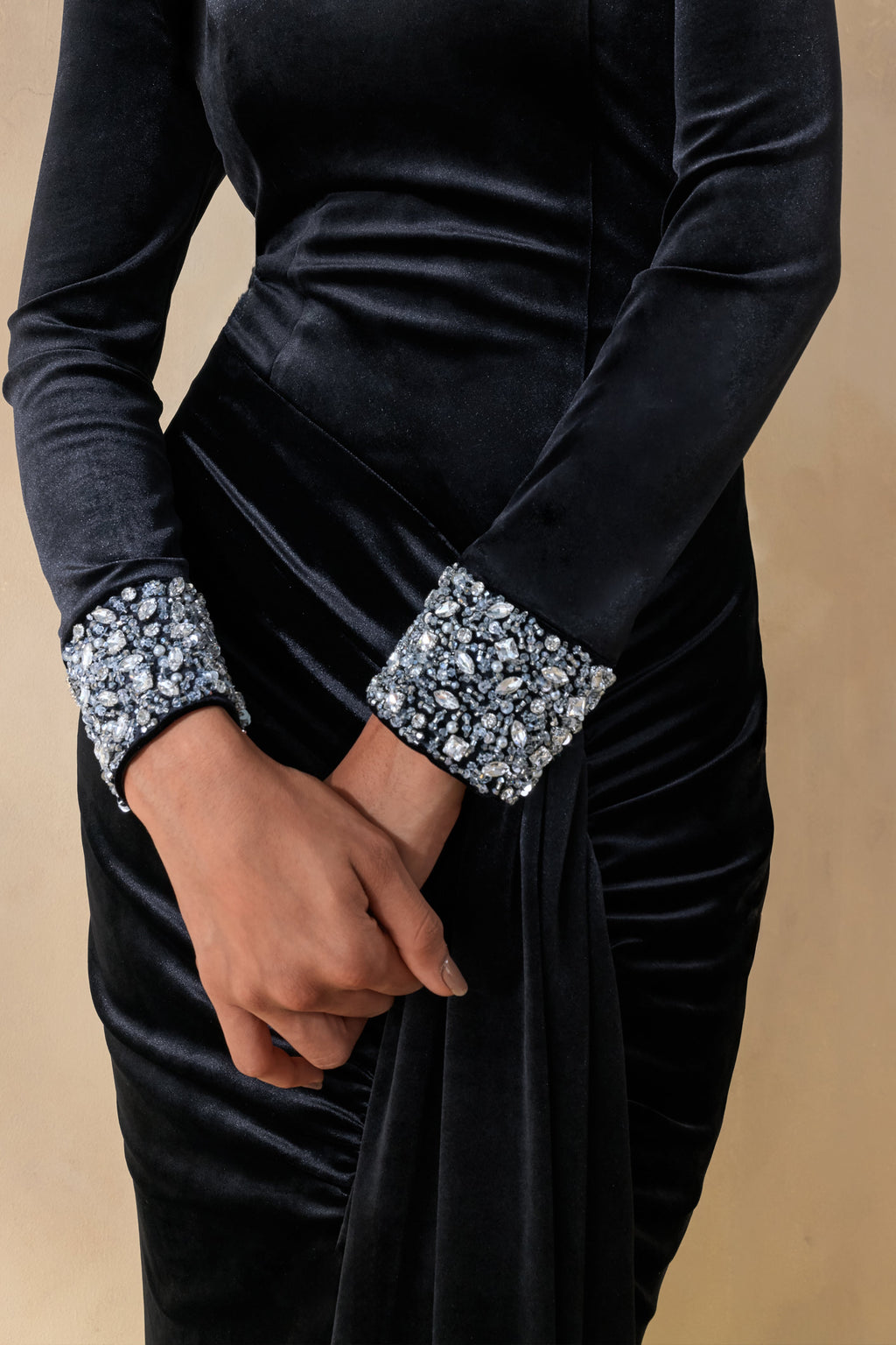 Perrin | Black Velvet Crew-Neck Maxi Dress With Embellished Cuffs