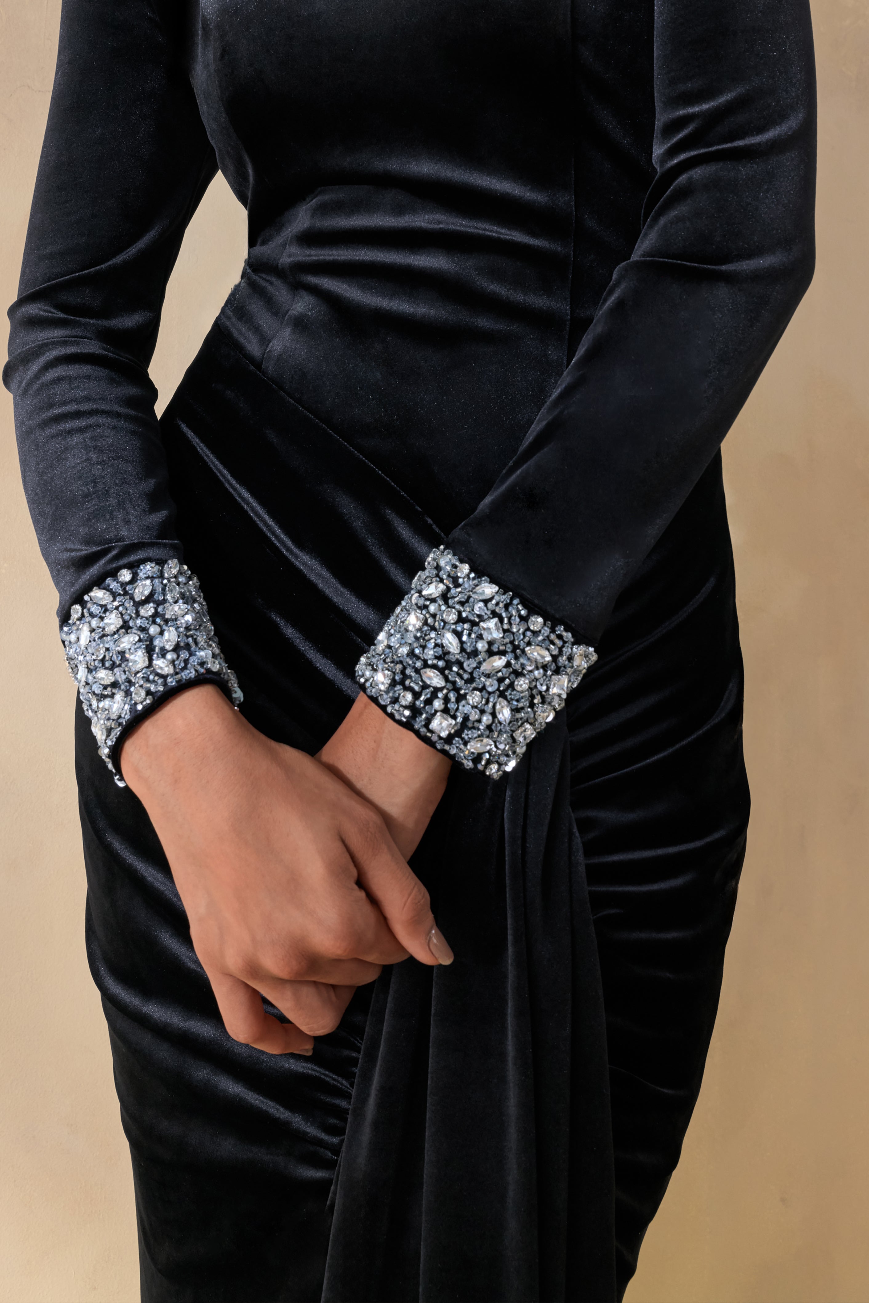 Perrin | Black Velvet Crew-Neck Maxi Dress With Embellished Cuffs
