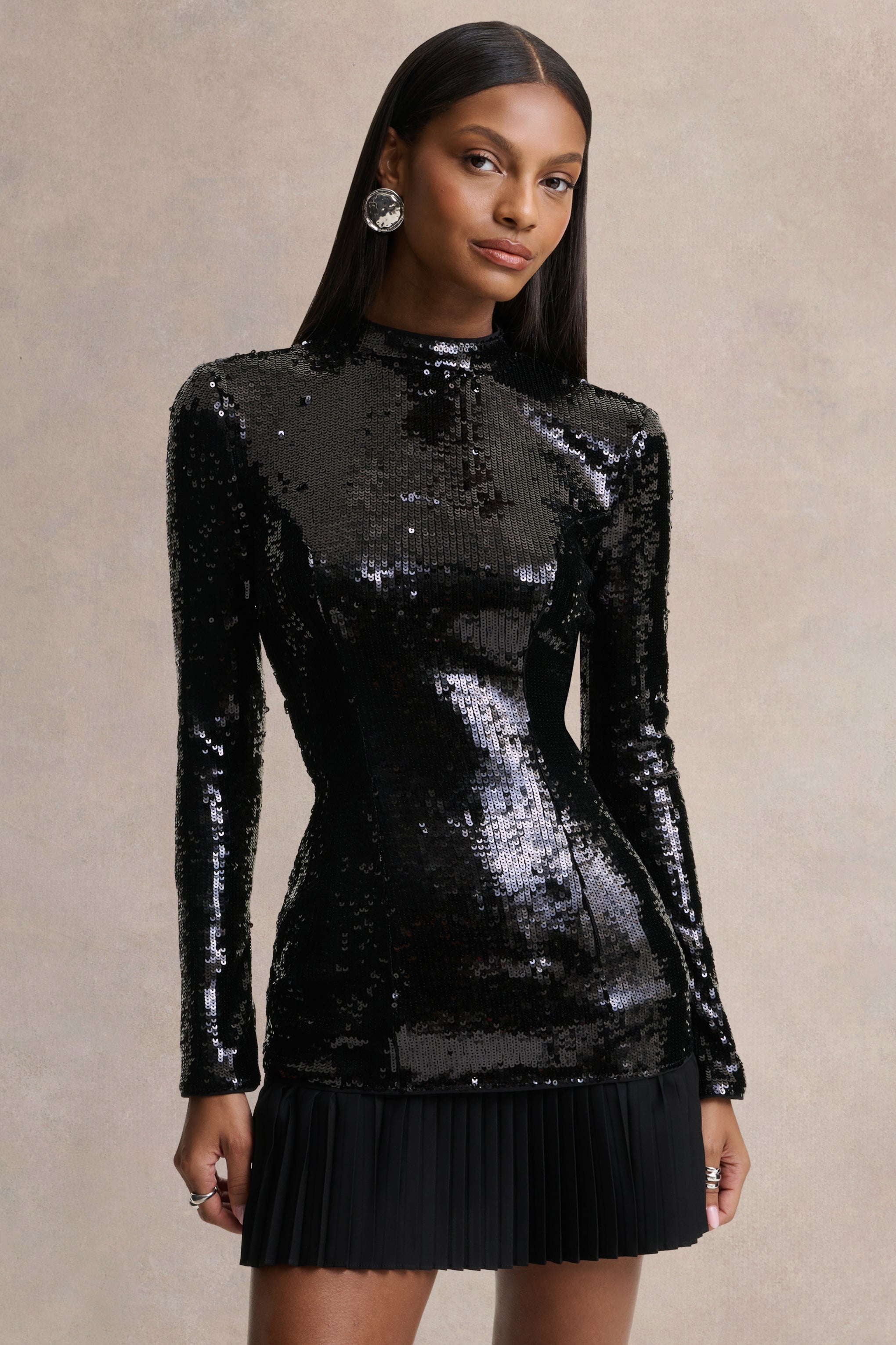 North | Black Sequin High-Neck Mini Dress With Pleats