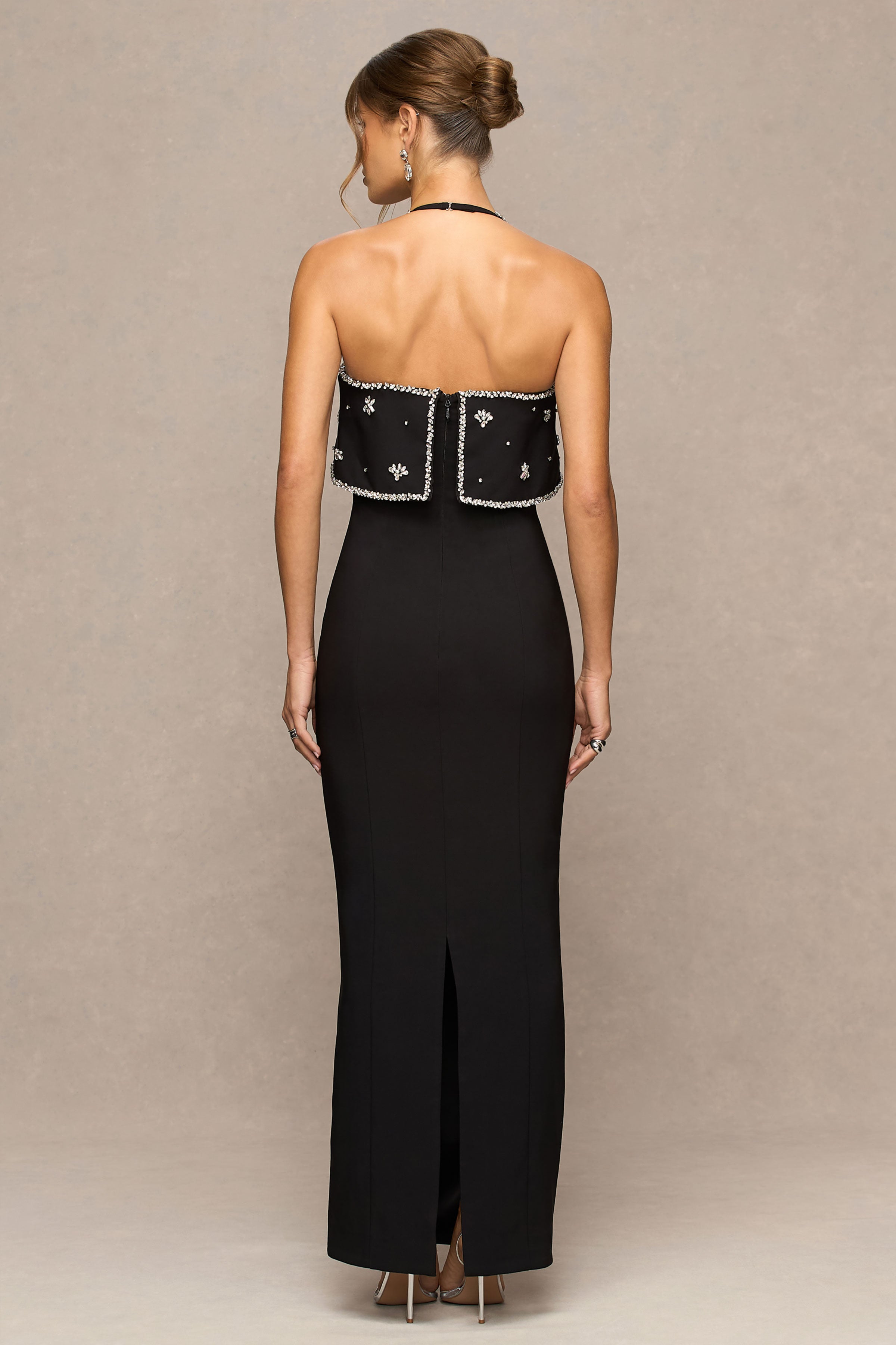 Illiana | Black Bandeau Hand-Embellished Maxi Dress