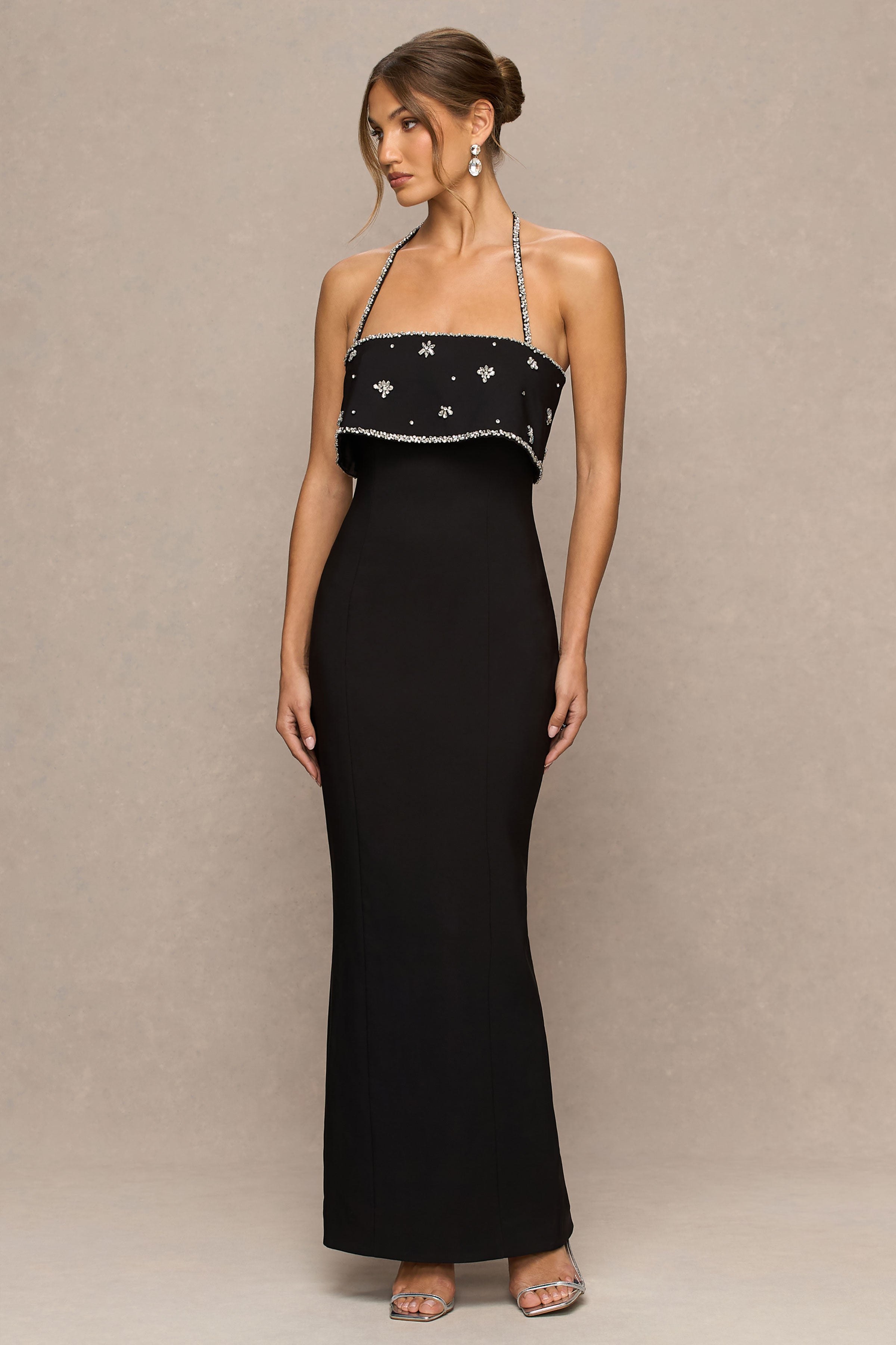 Illiana | Black Bandeau Hand-Embellished Maxi Dress