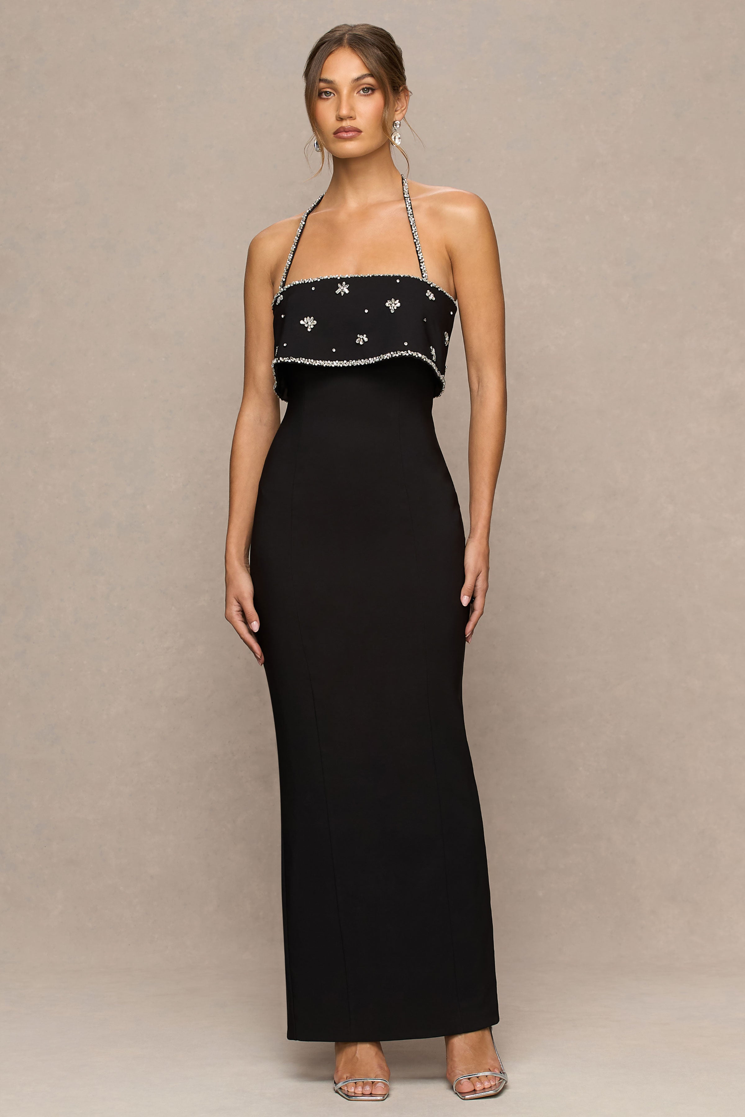 Illiana | Black Bandeau Hand-Embellished Maxi Dress