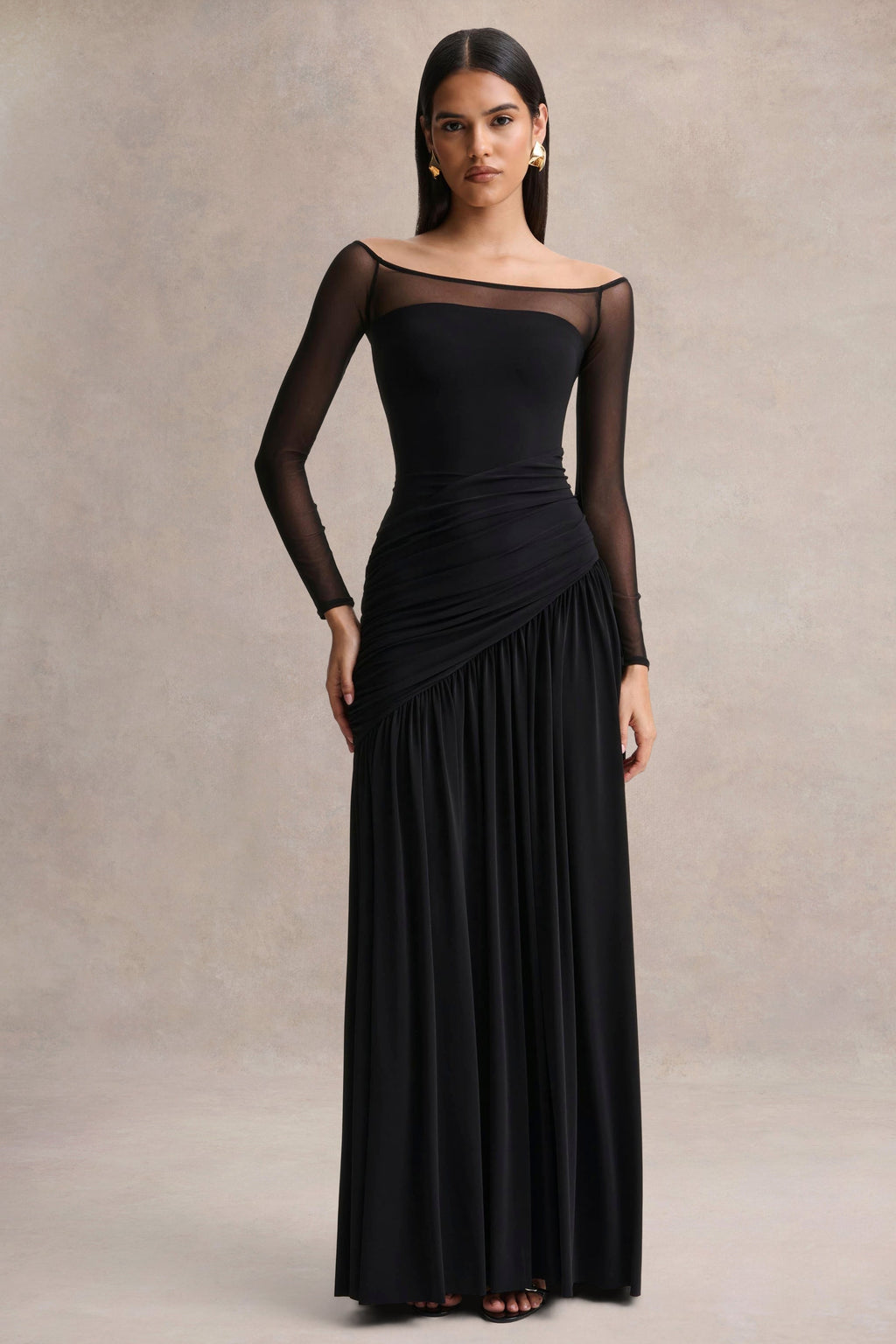 Bexley | Black Bardot-Neck Draped Maxi Dress With Long Mesh-Sleeves