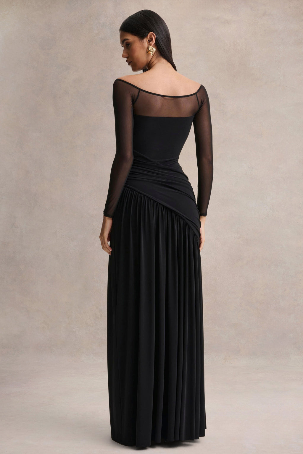 Bexley | Black Bardot-Neck Draped Maxi Dress With Long Mesh-Sleeves