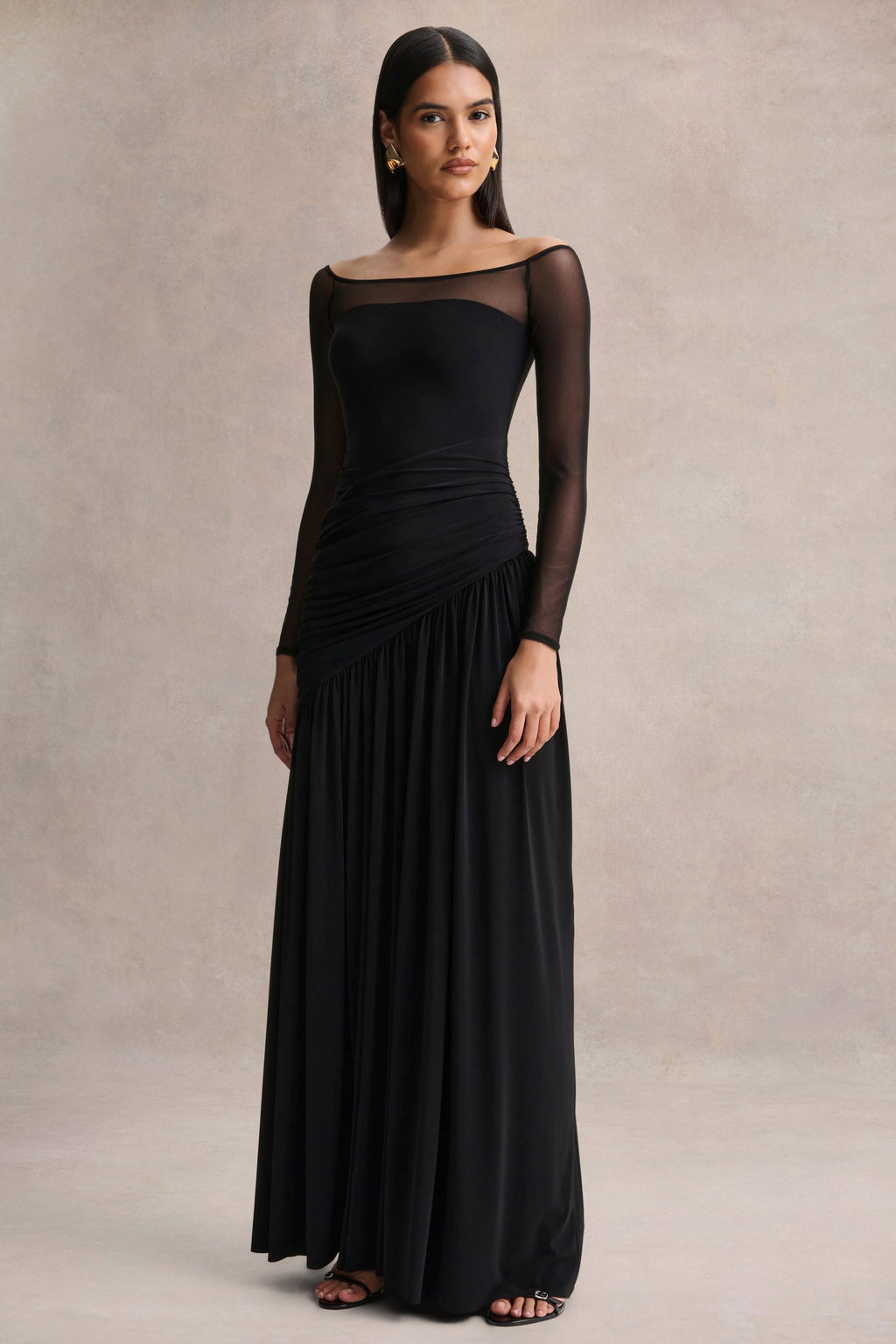 Bexley | Black Bardot-Neck Draped Maxi Dress With Long Mesh-Sleeves