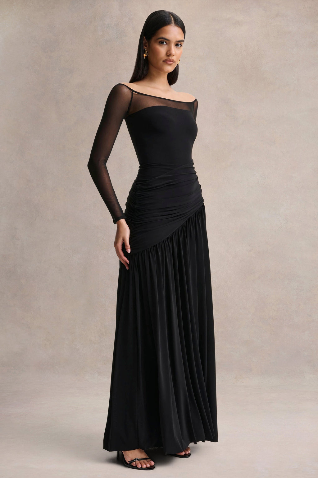 Bexley | Black Bardot-Neck Draped Maxi Dress With Long Mesh-Sleeves
