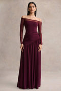 Bexley | Dark Plum Bardot-Neck Maxi Dress With Mesh Sleeves