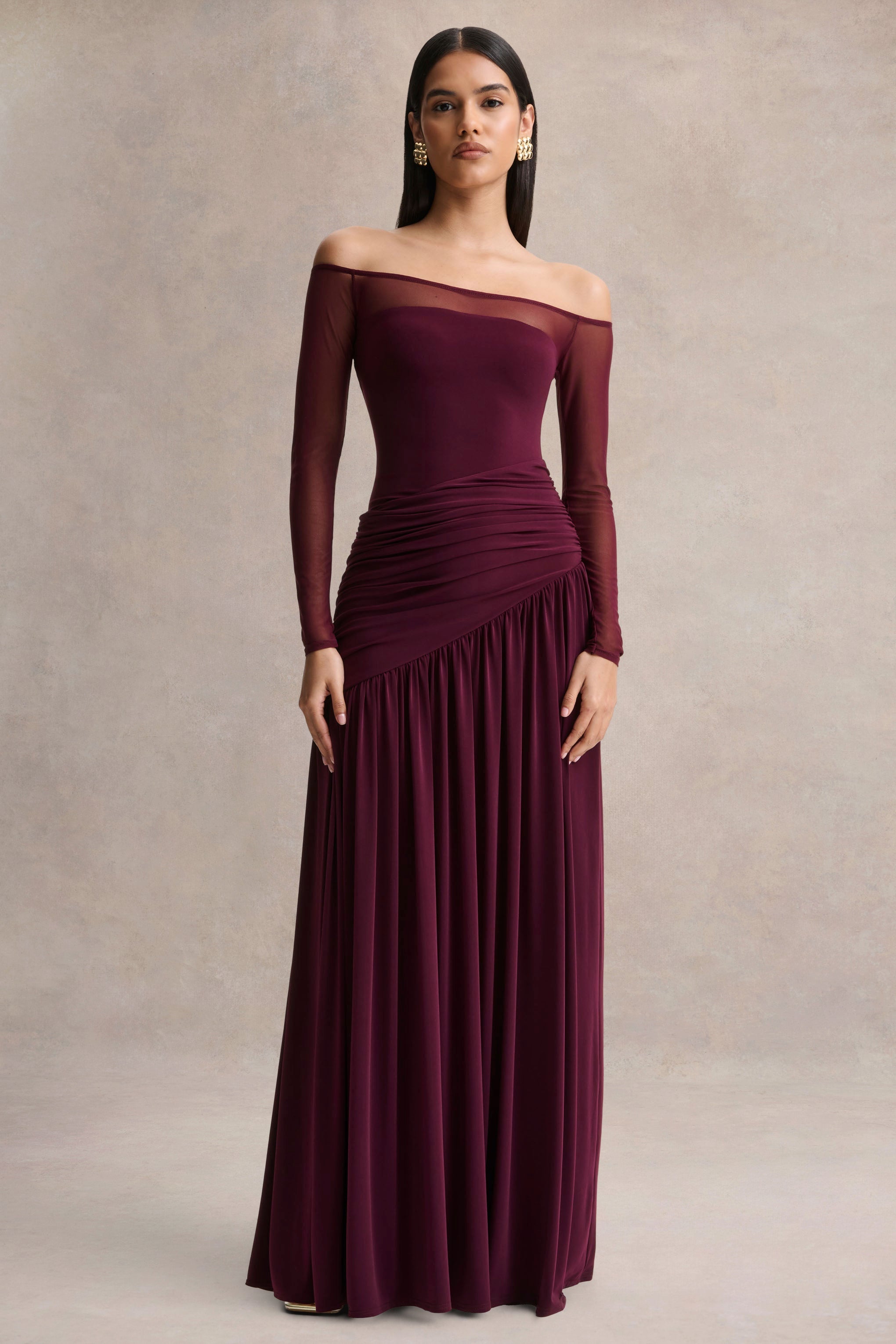 Bexley | Dark Plum Bardot-Neck Maxi Dress With Mesh Sleeves