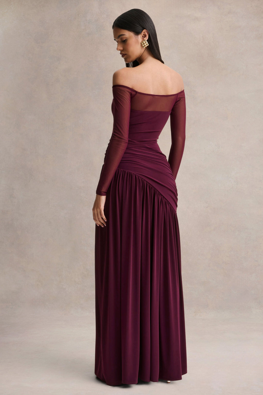 Bexley | Dark Plum Bardot-Neck Maxi Dress With Mesh Sleeves