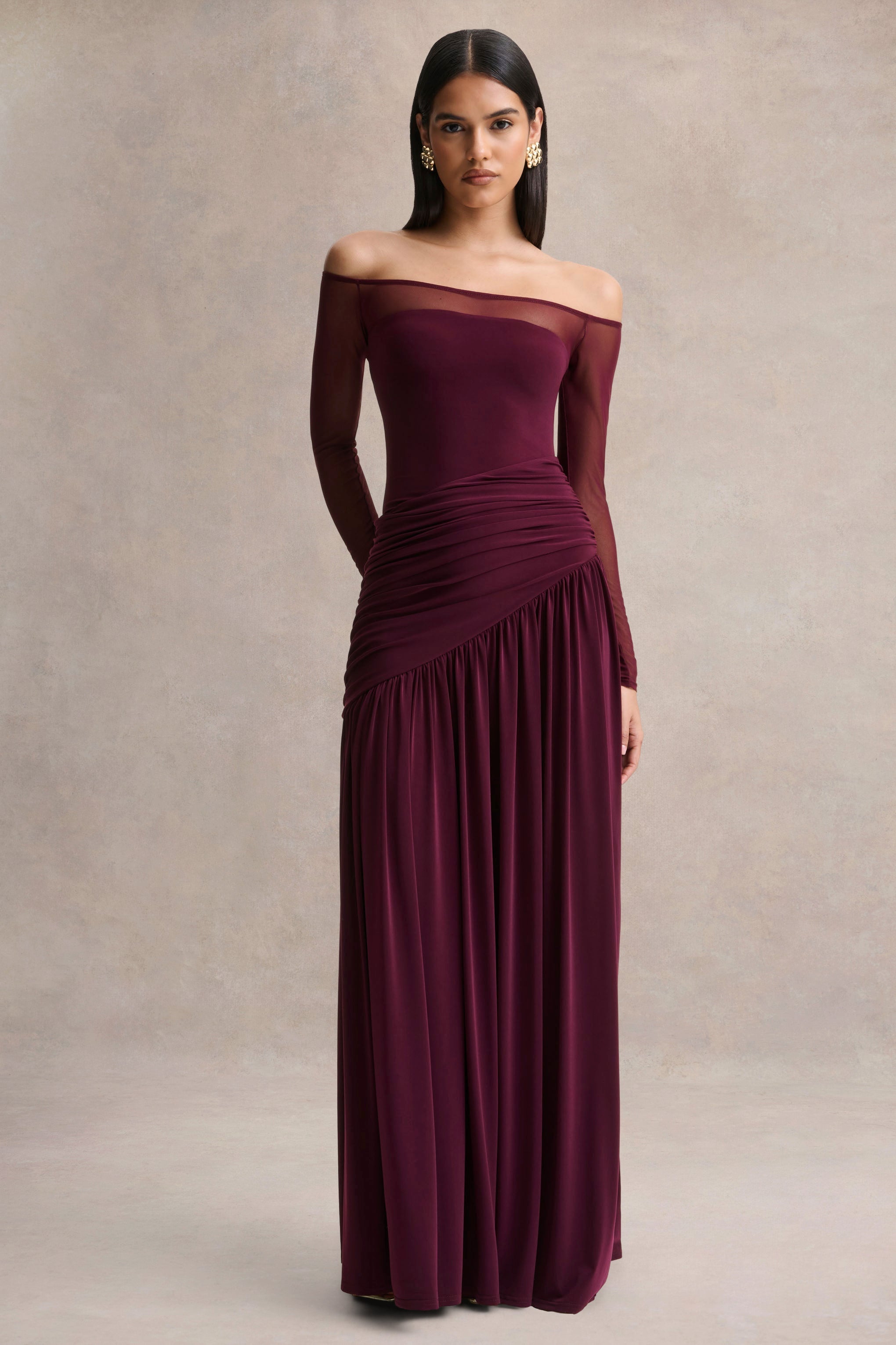 Bexley | Dark Plum Bardot-Neck Maxi Dress With Mesh Sleeves