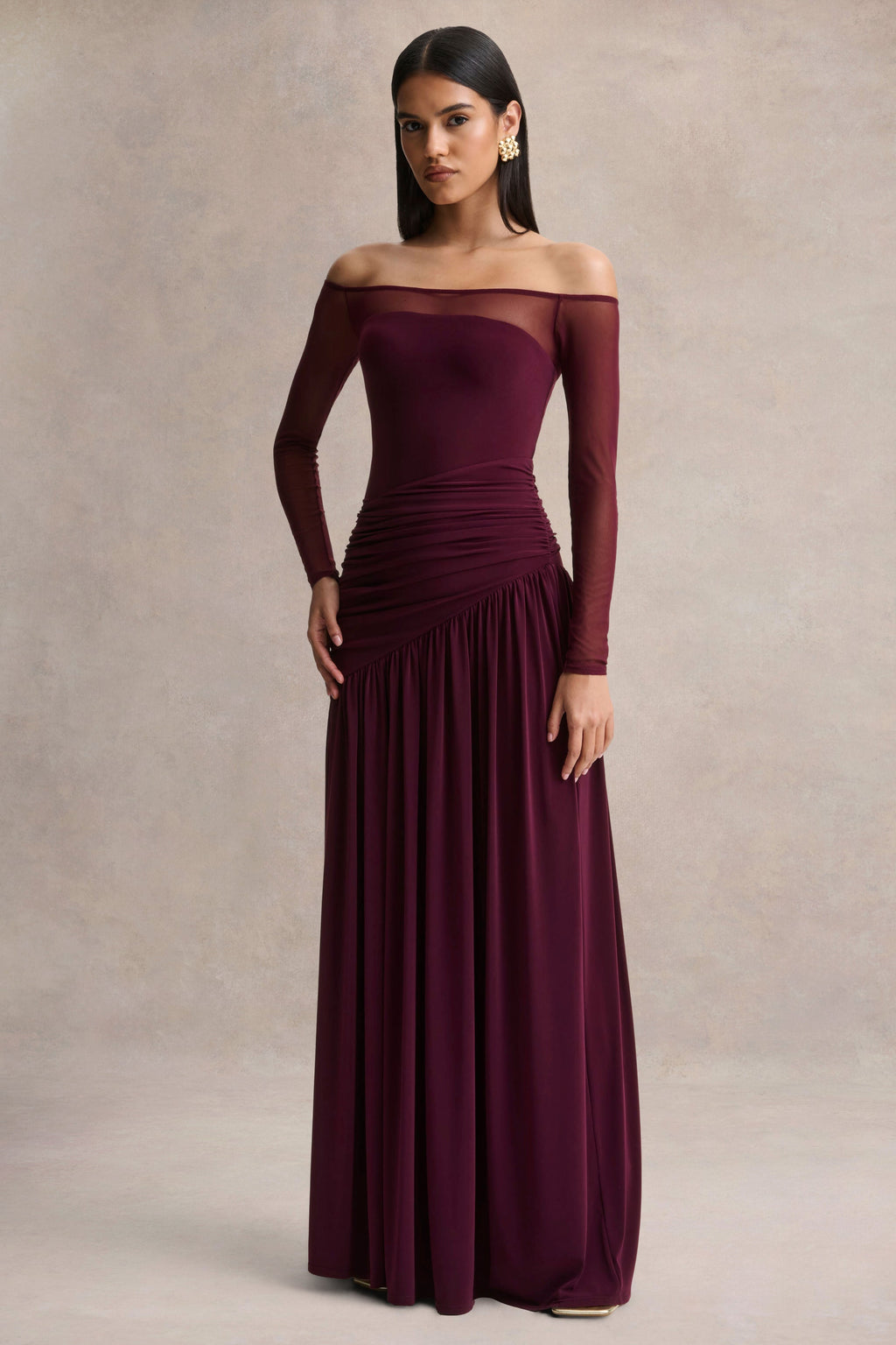 Bexley | Dark Plum Bardot-Neck Maxi Dress With Mesh Sleeves
