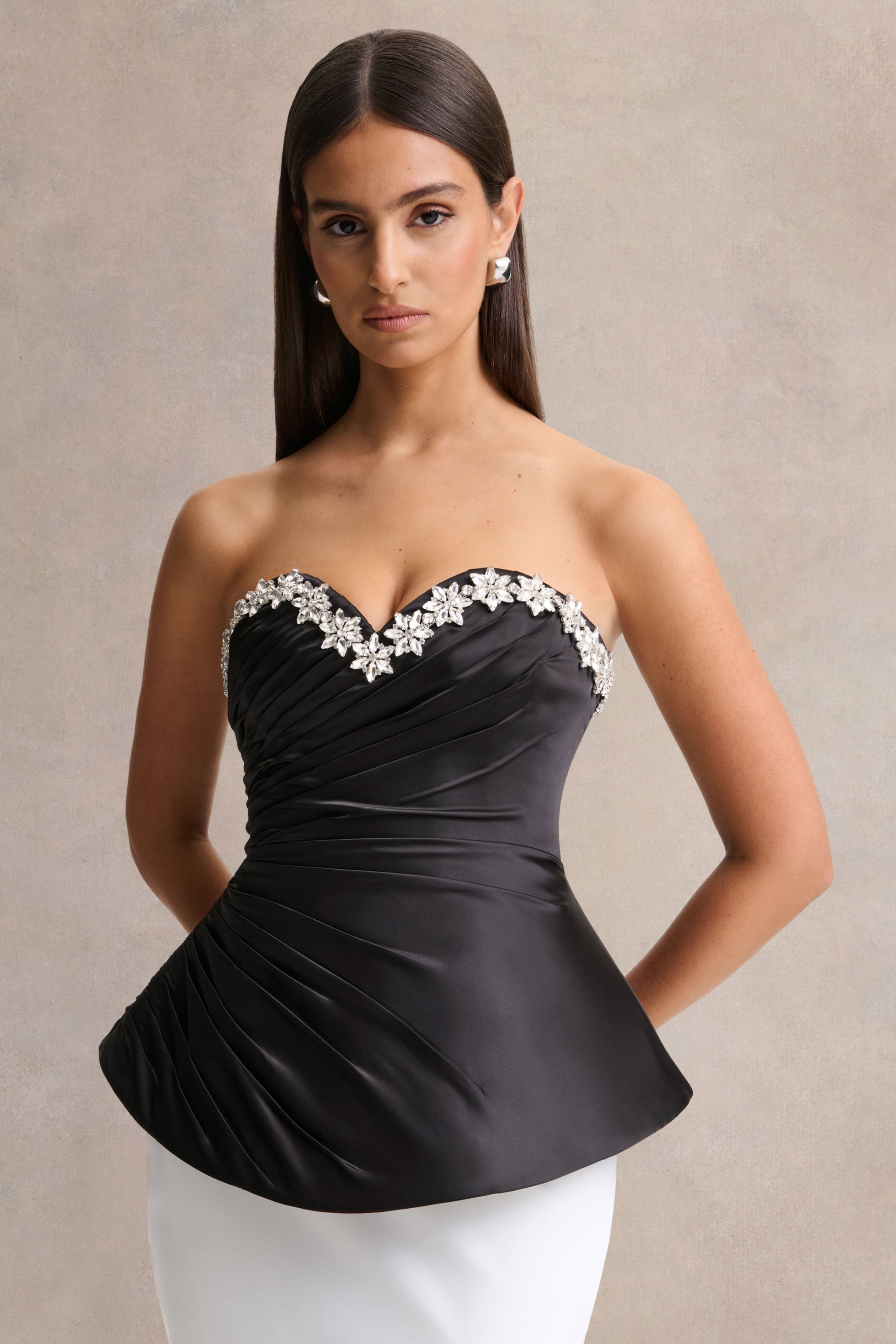 Ambria | Black Satin Hand-Embellished Sweetheart-Neck Corset Top