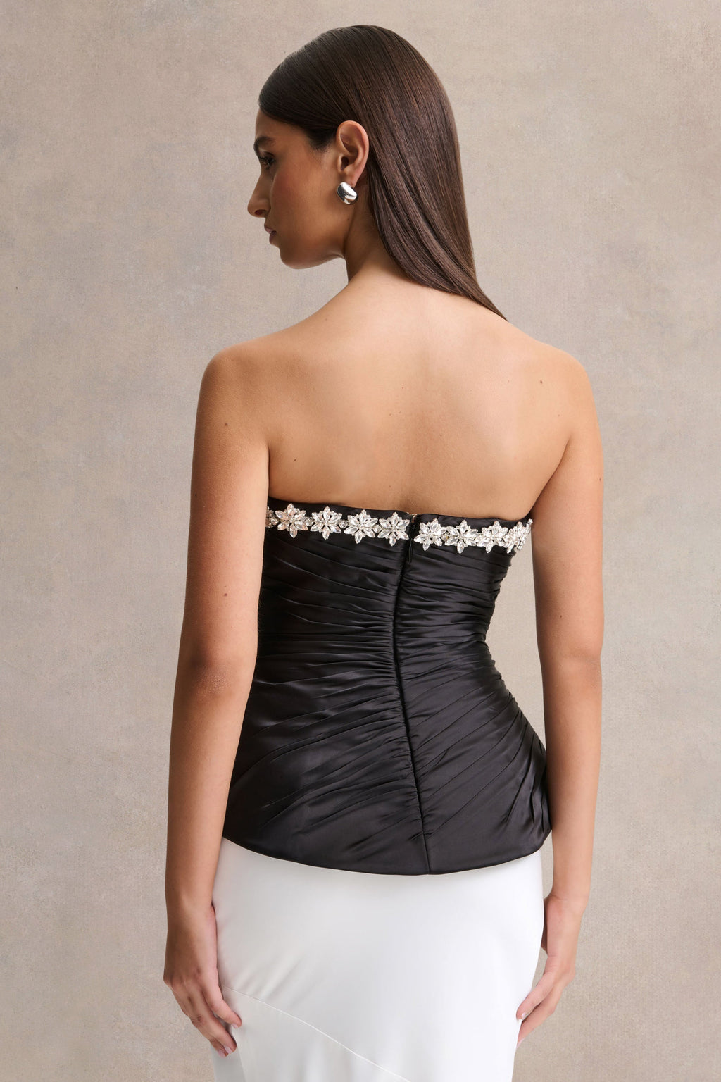 Ambria | Black Satin Hand-Embellished Sweetheart-Neck Corset Top