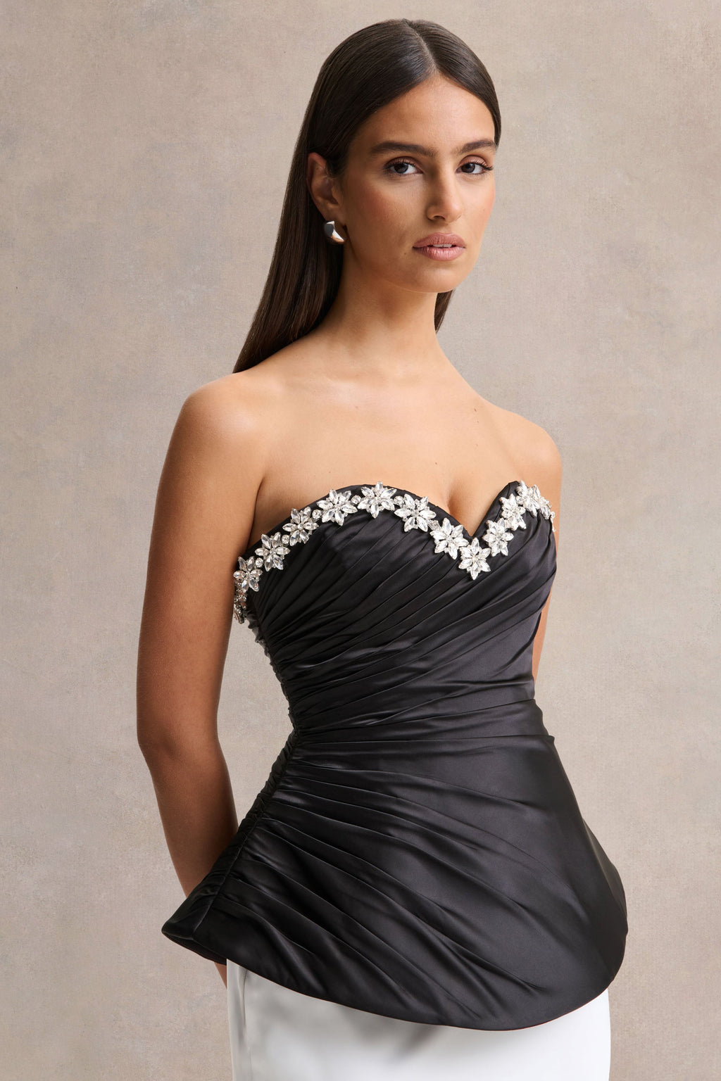 Ambria | Black Satin Hand-Embellished Sweetheart-Neck Corset Top
