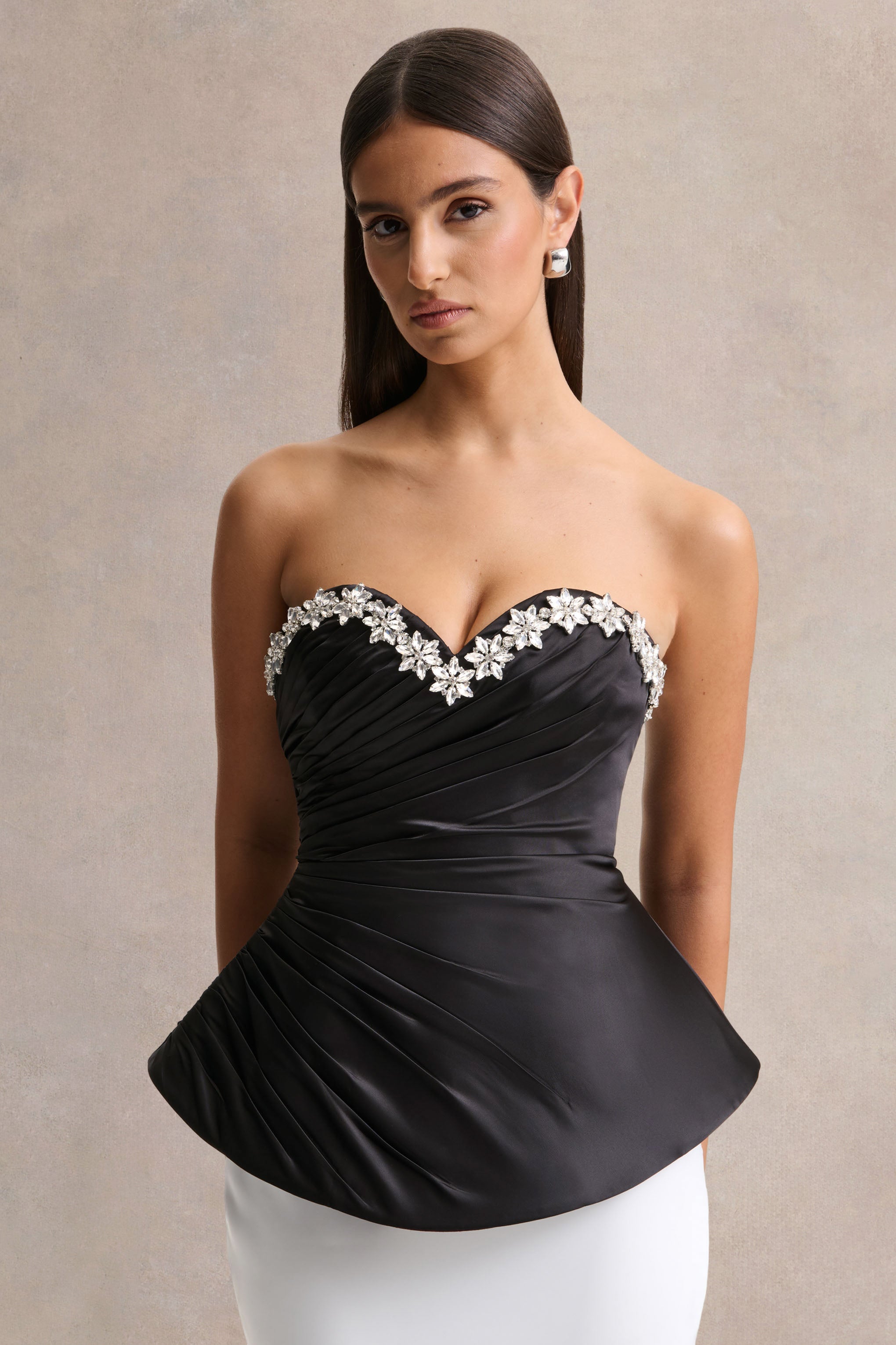 Ambria | Black Satin Hand-Embellished Sweetheart-Neck Corset Top