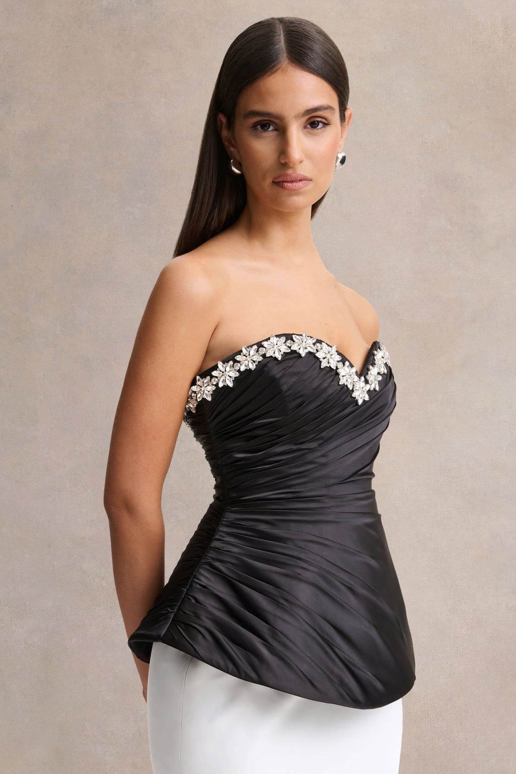 Ambria | Black Satin Hand-Embellished Sweetheart-Neck Corset Top