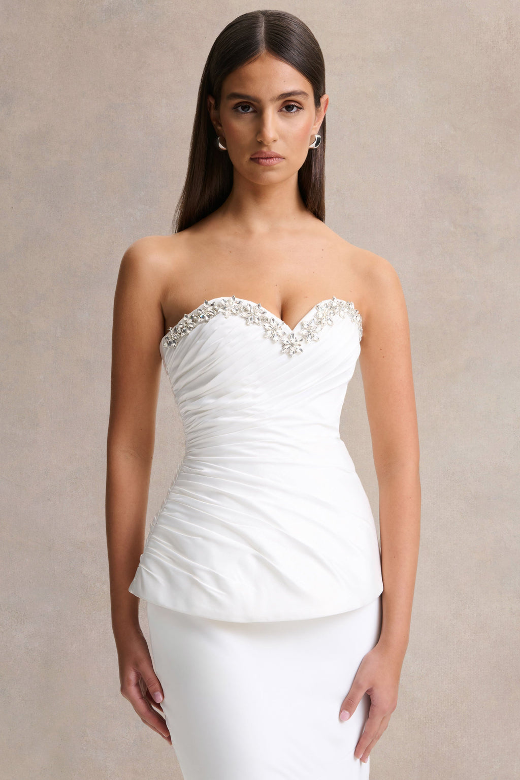 Ambria | White Satin Hand-Embellished Sweetheart-Neck Corset Top