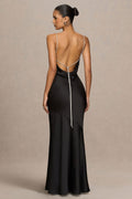 Maelia | Black Satin Cowl-Neck Maxi Dress With Diamante Straps