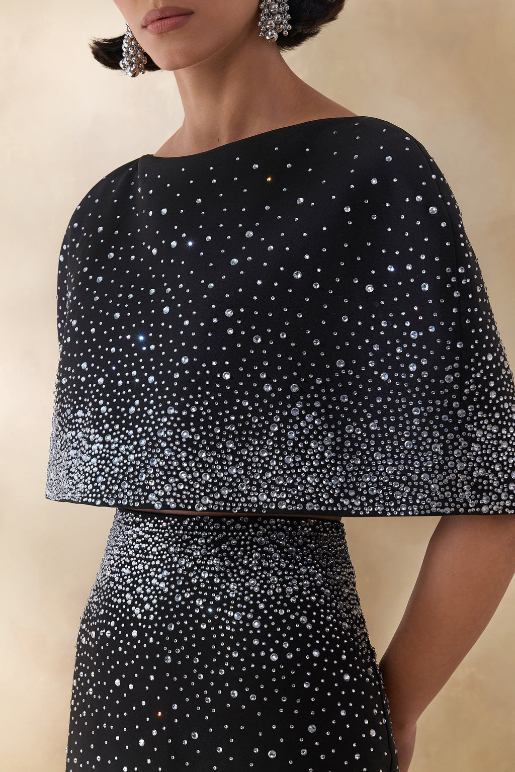 Luxy | Black Embellished Boat-Neck Crop-Top With Cape-Sleeves