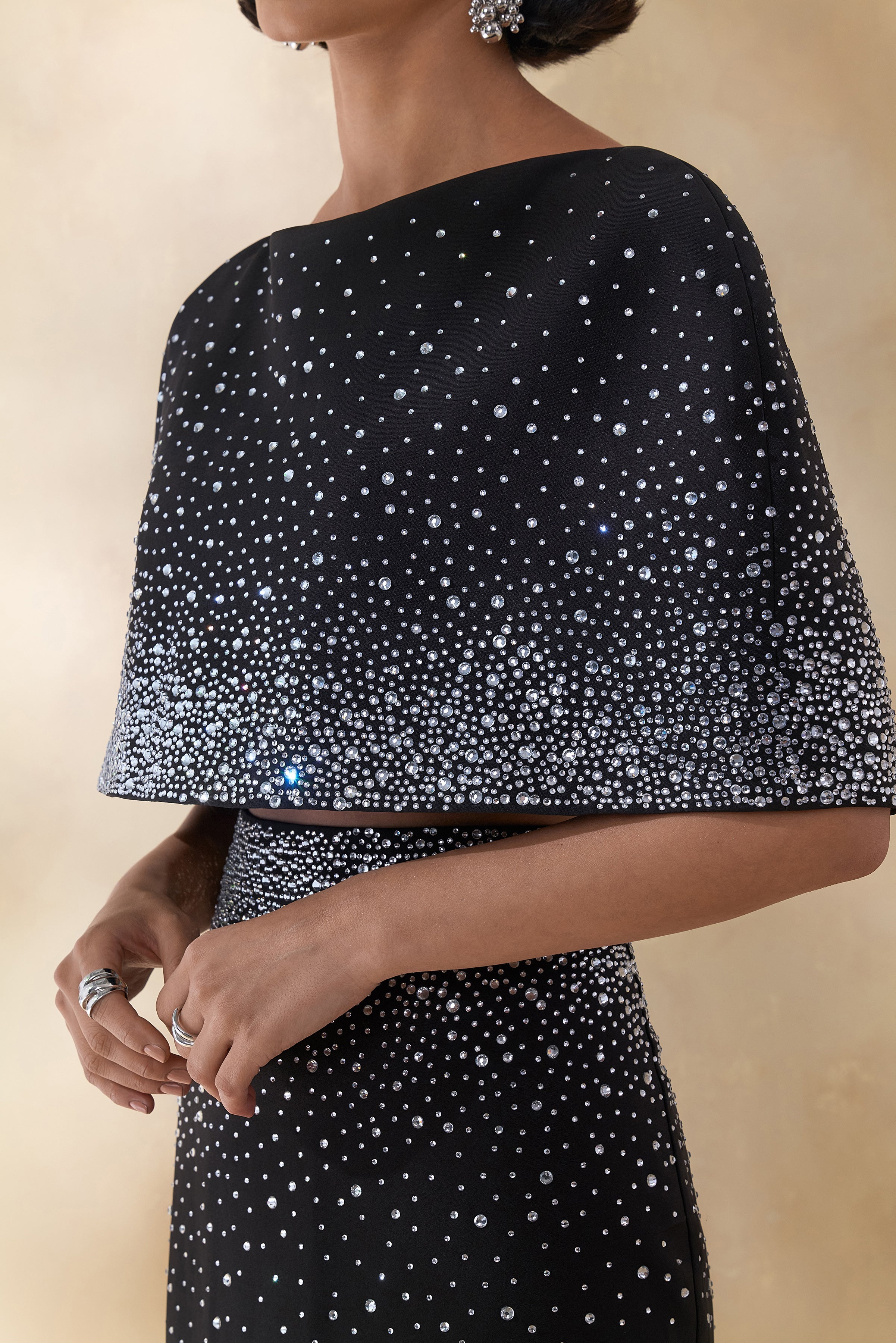 Luxy | Black Embellished Boat-Neck Crop-Top With Cape-Sleeves