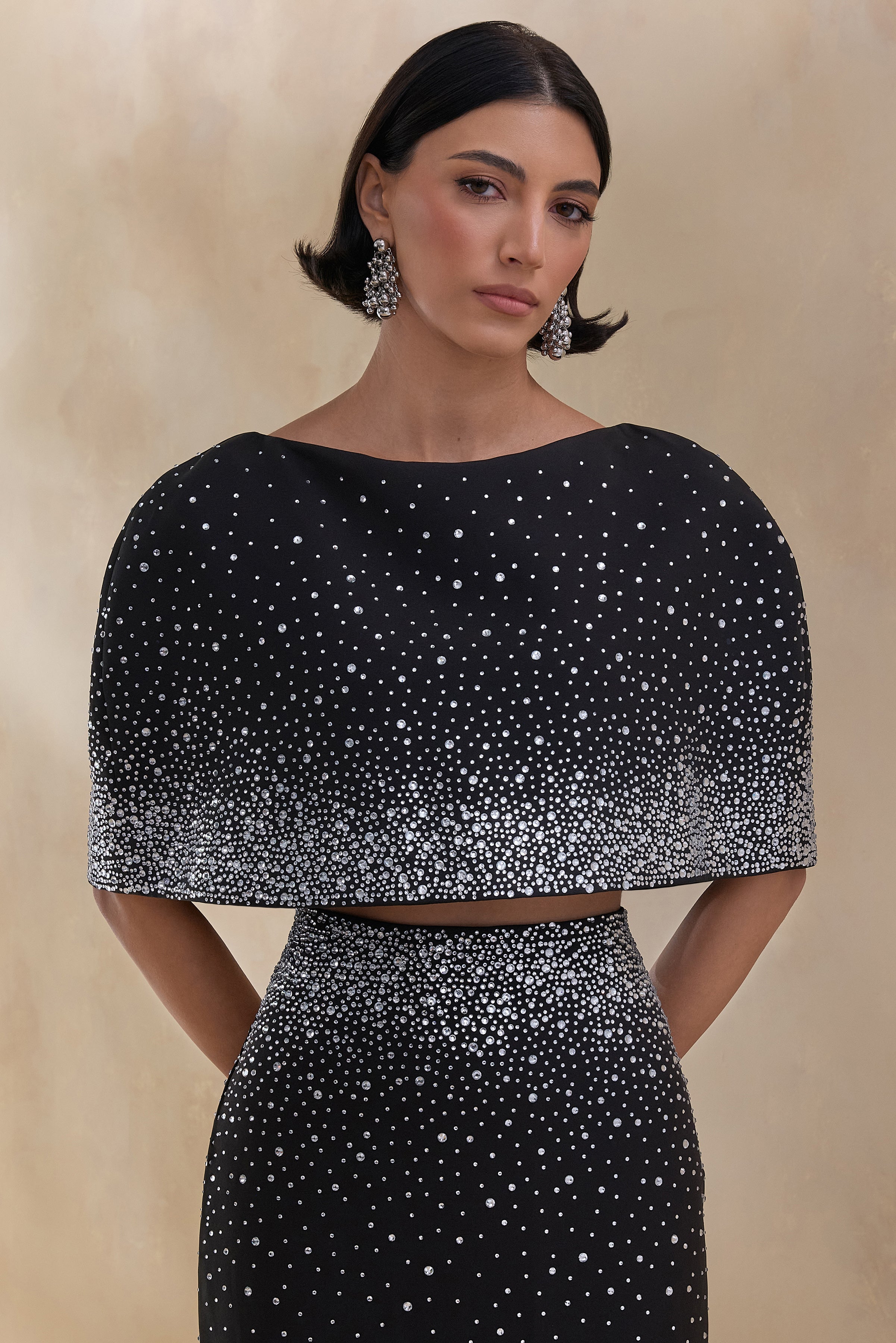 Luxy | Black Embellished Boat-Neck Crop-Top With Cape-Sleeves