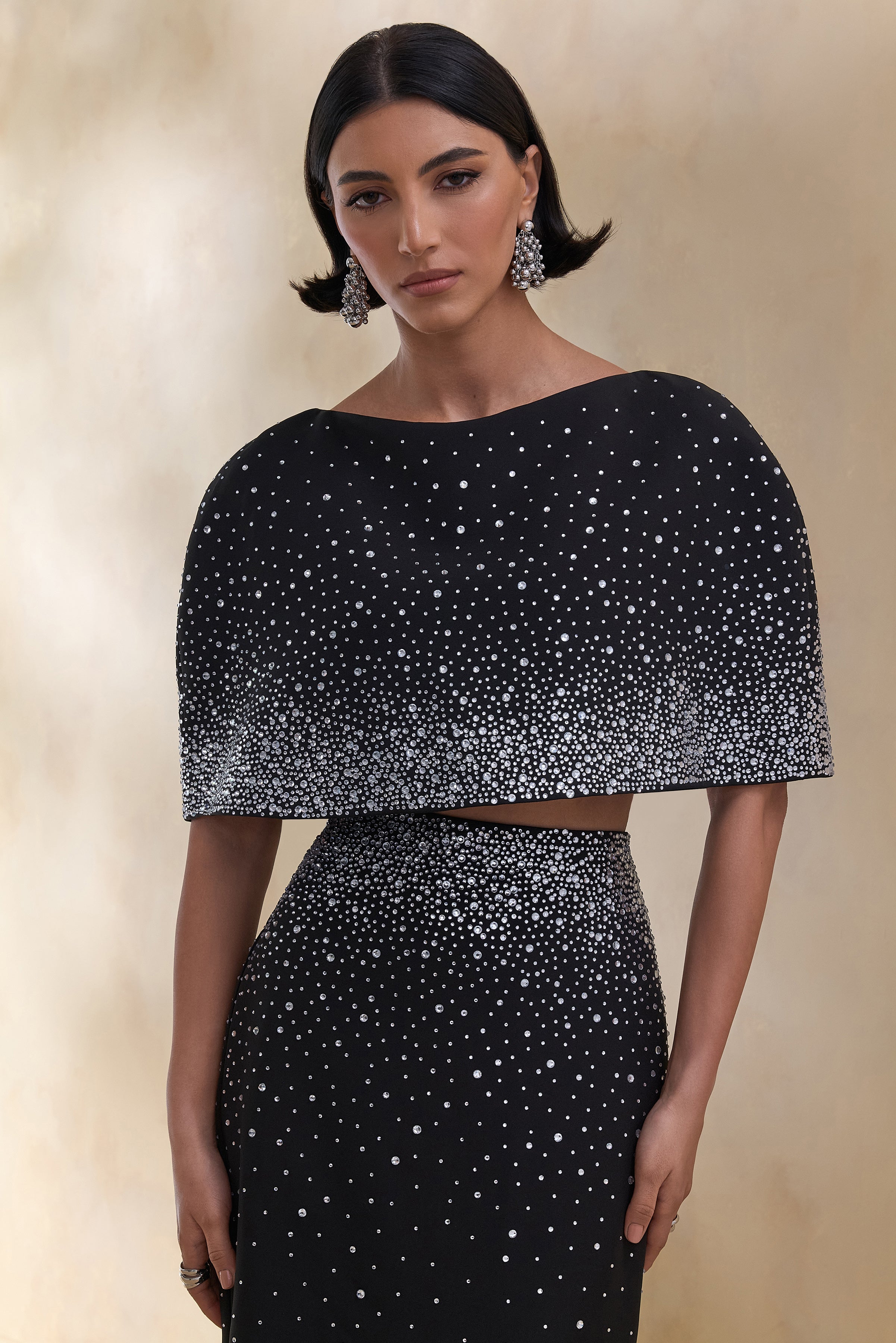 Luxy | Black Embellished Boat-Neck Crop-Top With Cape-Sleeves