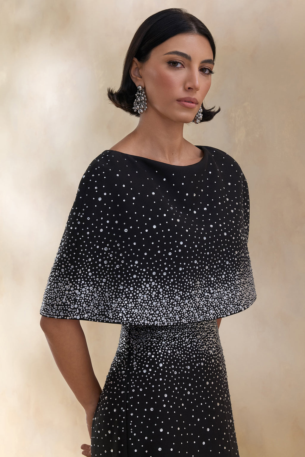 Luxy | Black Embellished Boat-Neck Crop-Top With Cape-Sleeves