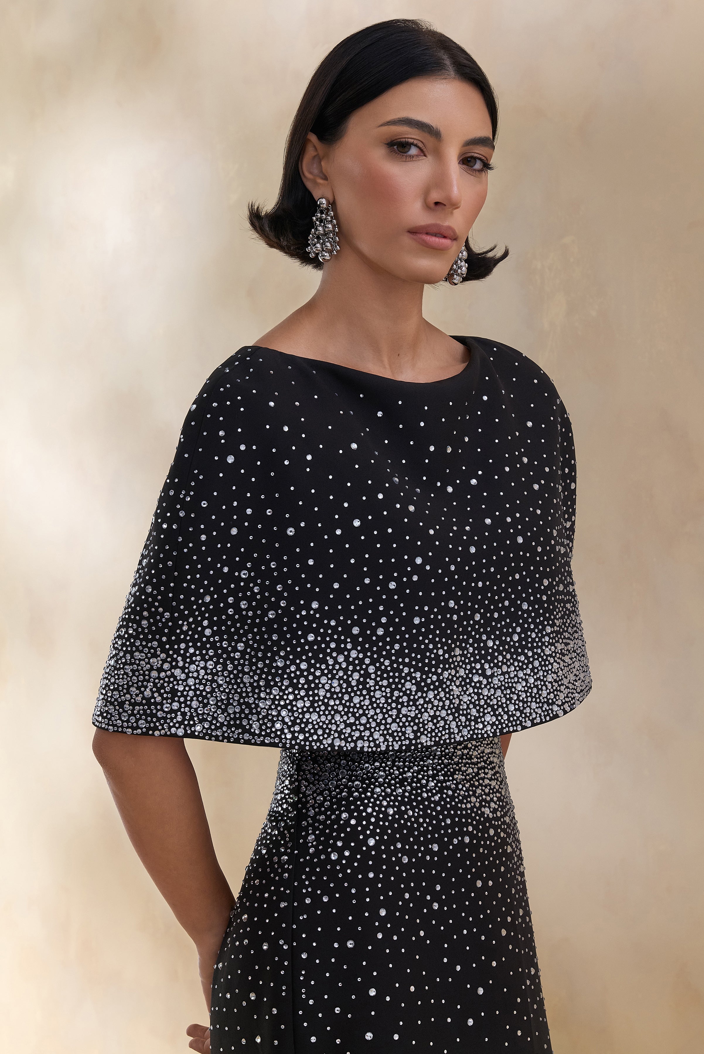 Luxy | Black Embellished Boat-Neck Crop-Top With Cape-Sleeves