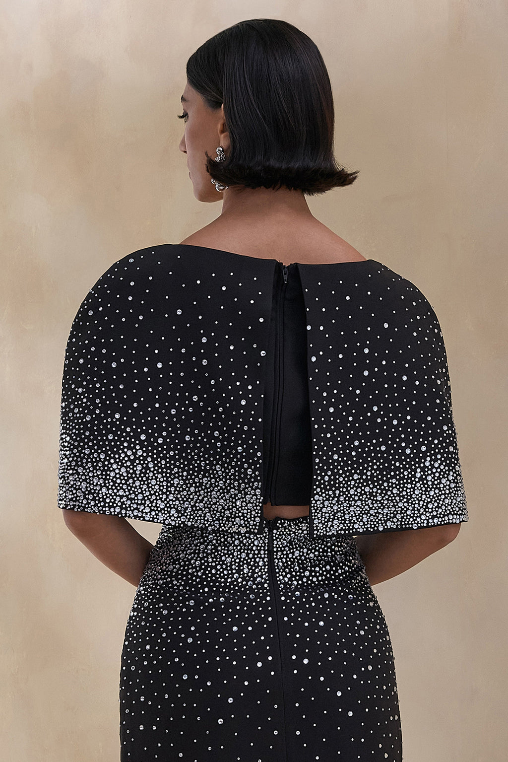 Luxy | Black Embellished Boat-Neck Crop-Top With Cape-Sleeves