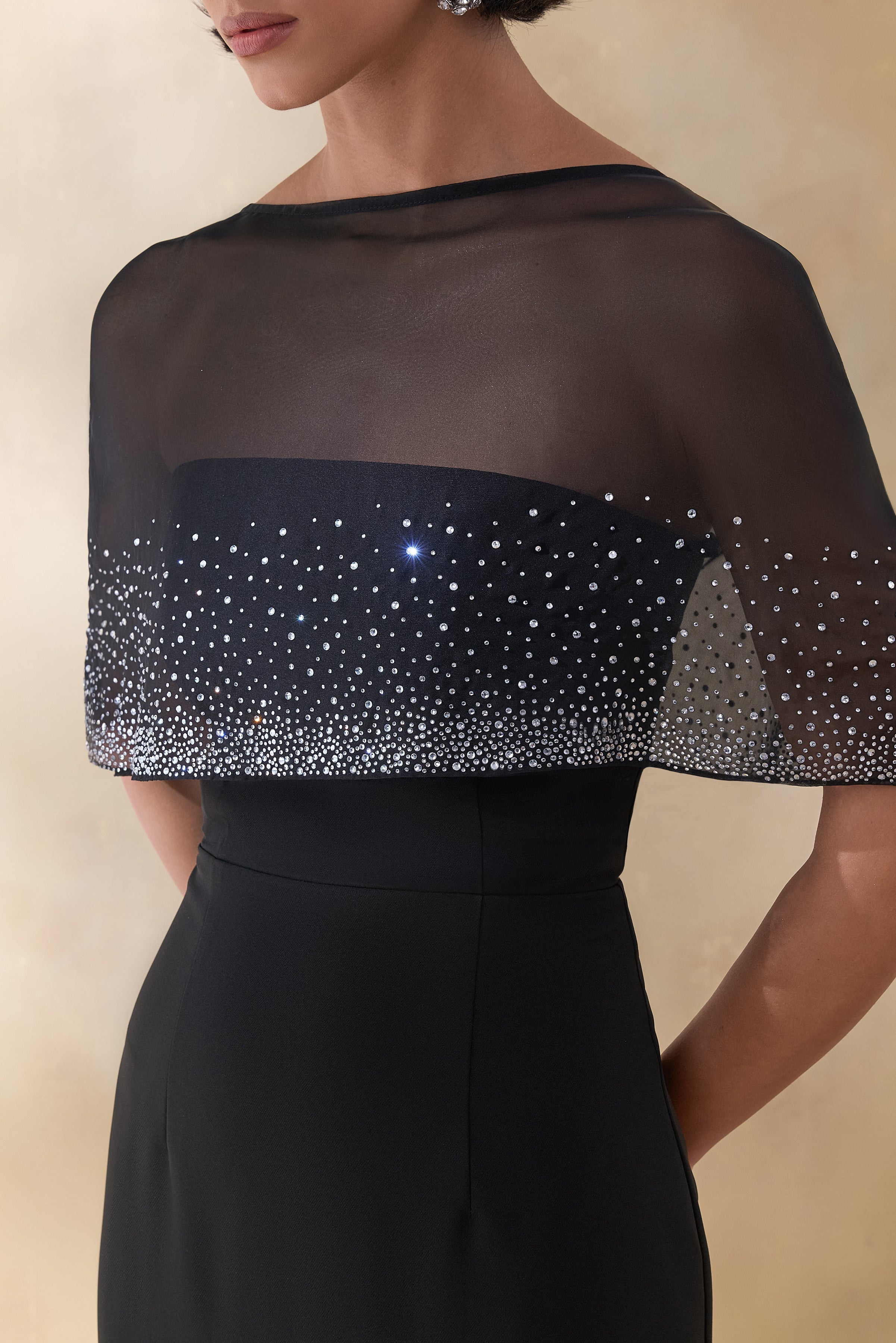 Everly | Black Hand-Embellished Cape-Sleeve Maxi Dress