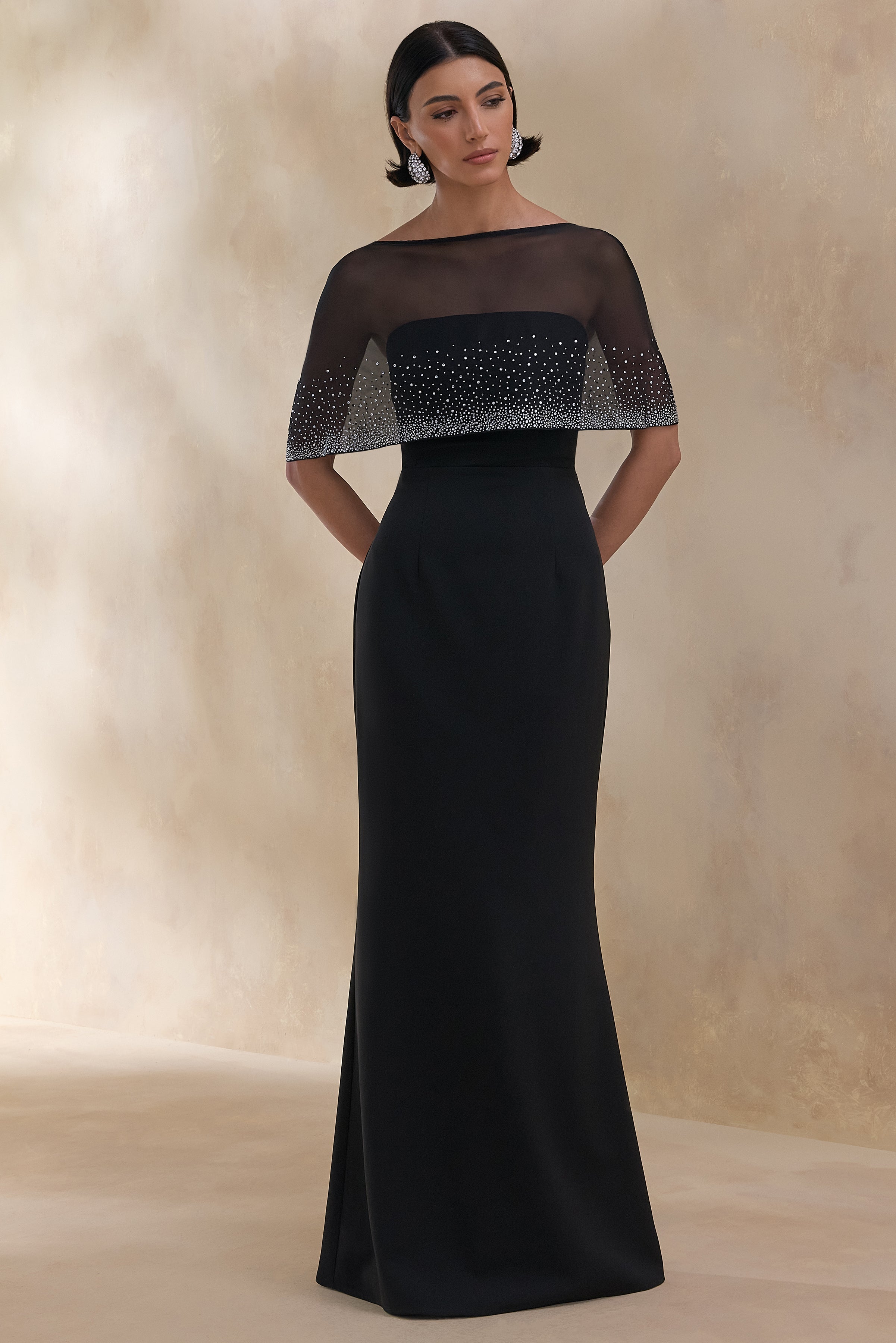 Everly | Black Hand-Embellished Cape-Sleeve Maxi Dress