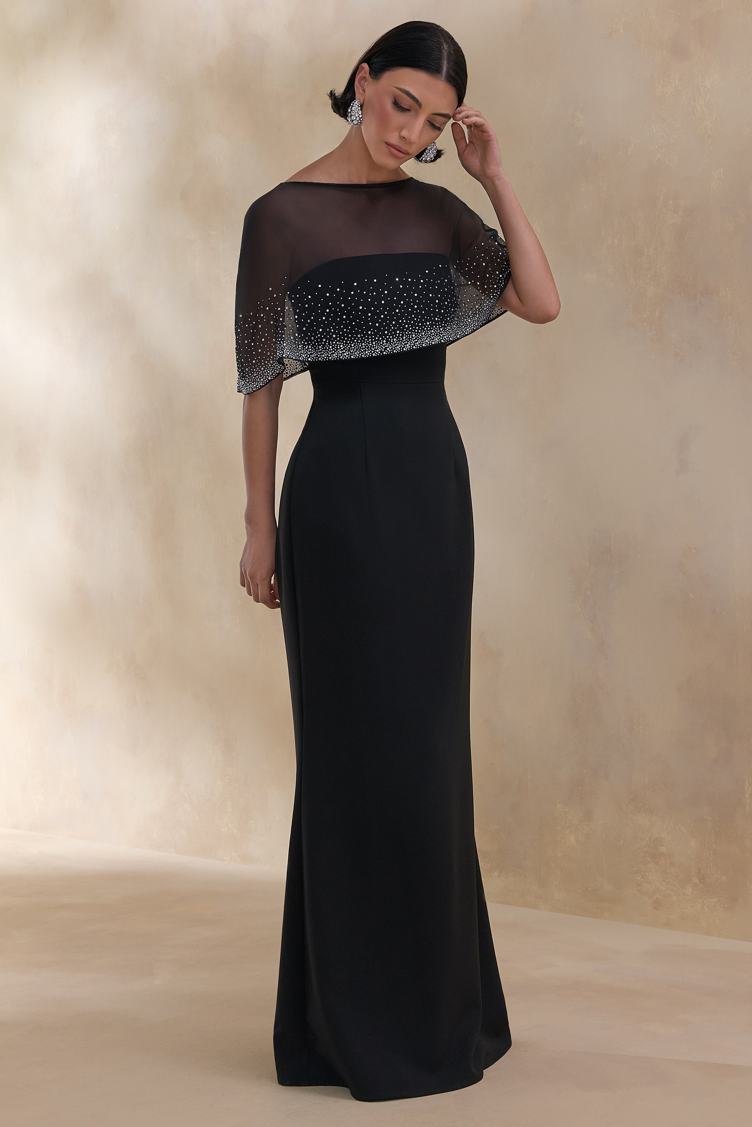 Everly | Black Hand-Embellished Cape-Sleeve Maxi Dress