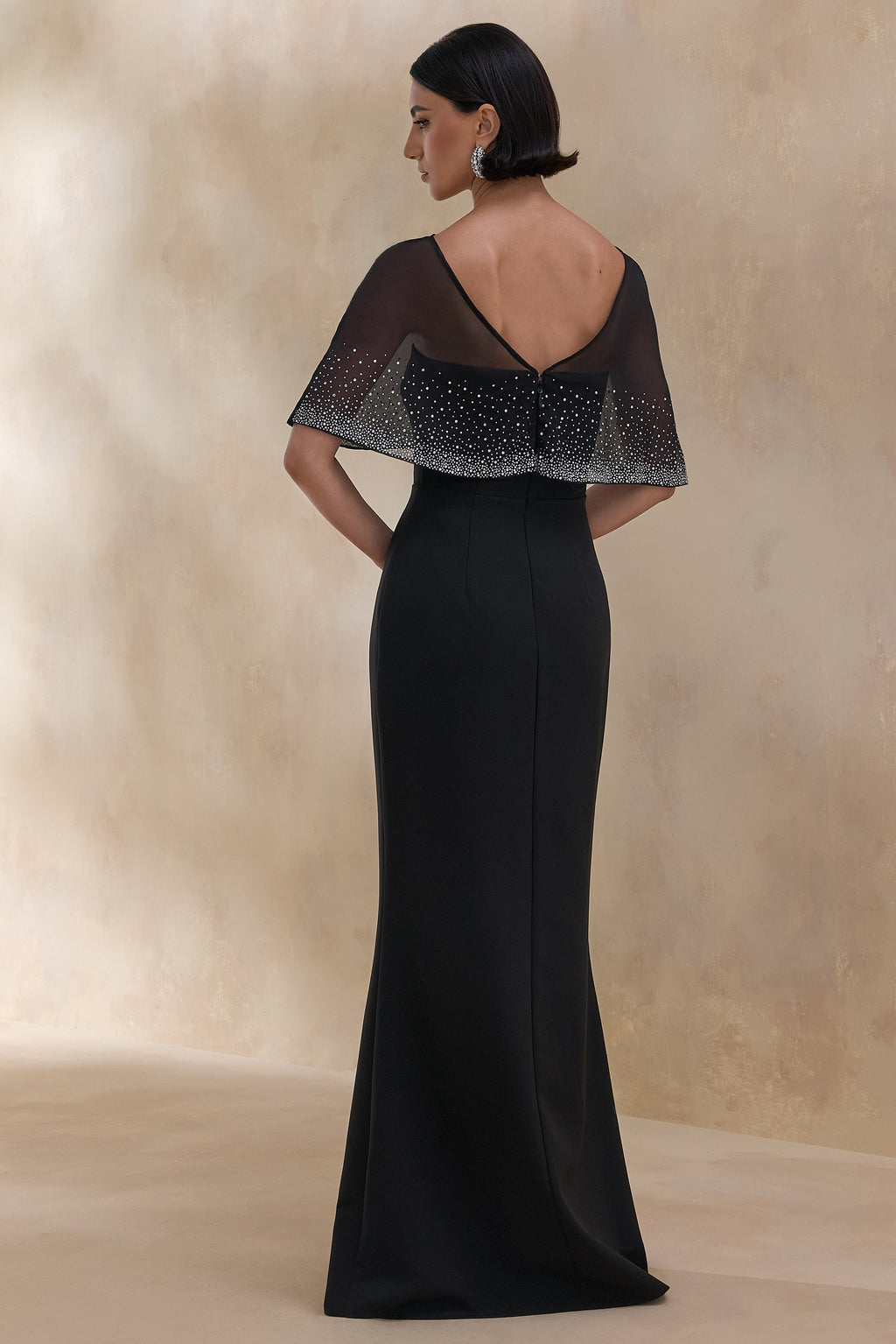 Everly | Black Hand-Embellished Cape-Sleeve Maxi Dress