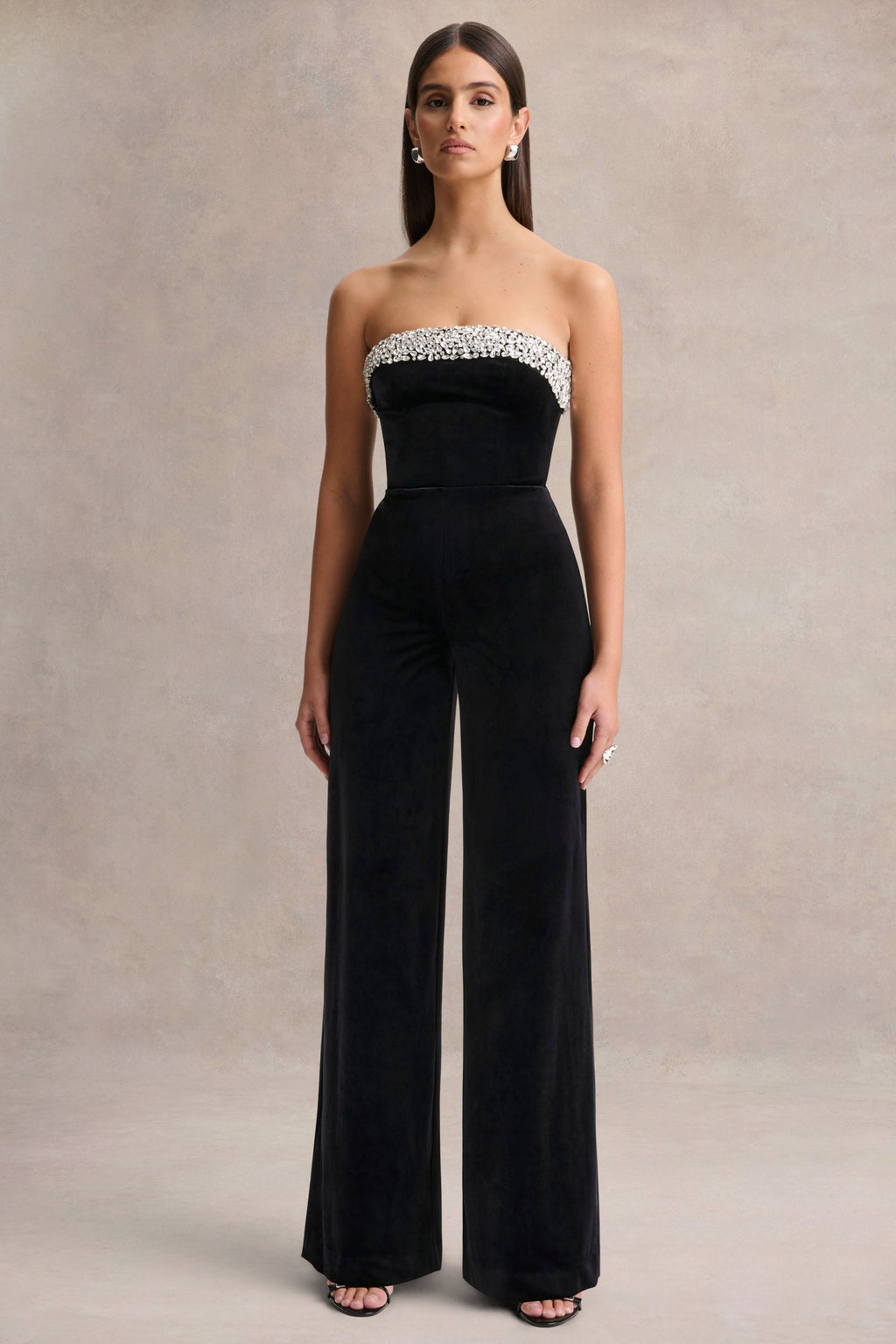 Emelie | Black Velvet Hand-Embellished Bandeau Jumpsuit