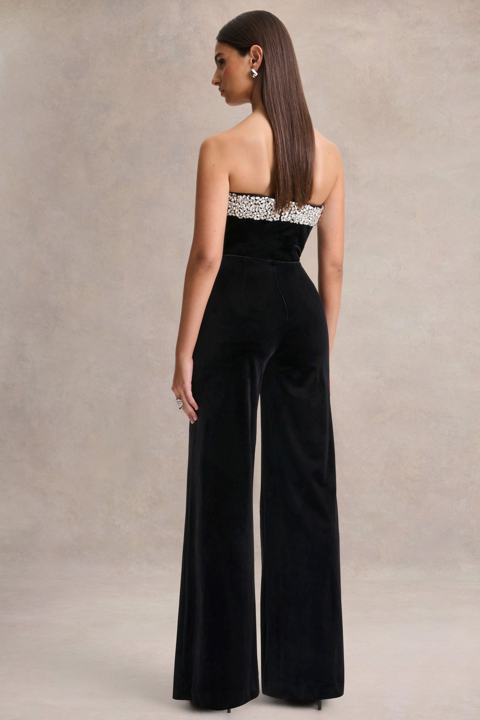 Emelie | Black Velvet Hand-Embellished Bandeau Jumpsuit