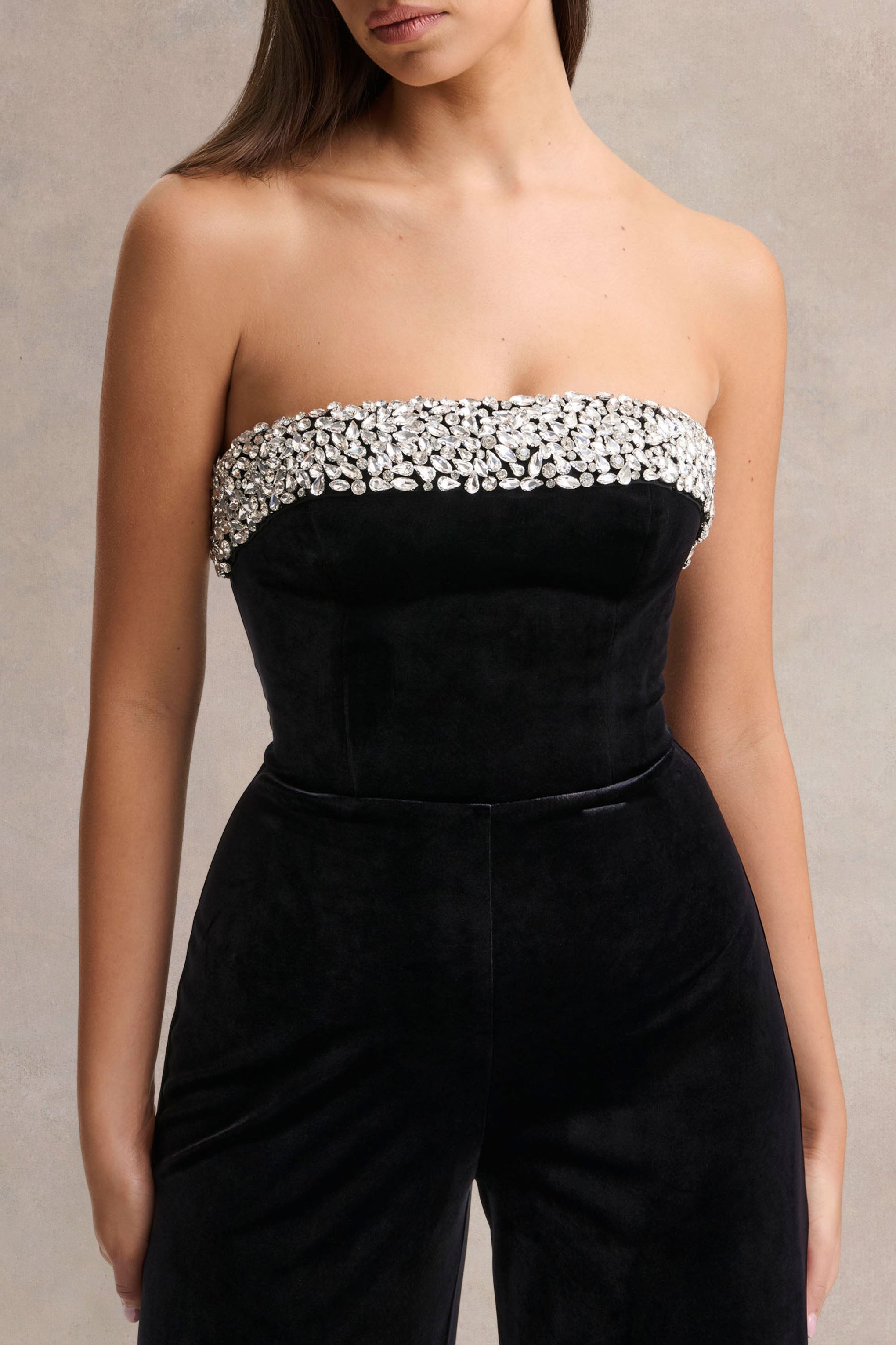 Emelie | Black Velvet Hand-Embellished Bandeau Jumpsuit