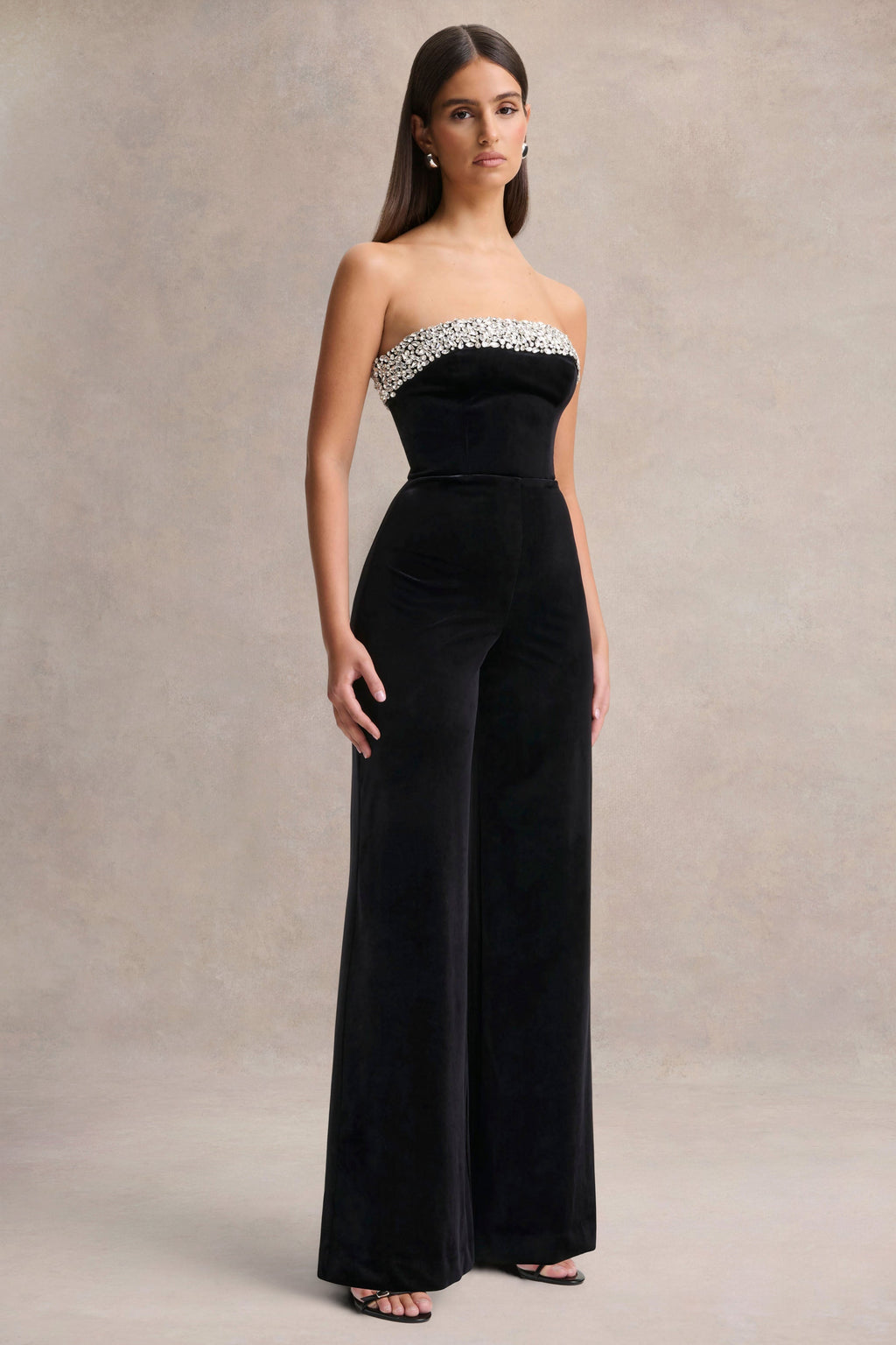 Emelie | Black Velvet Hand-Embellished Bandeau Jumpsuit