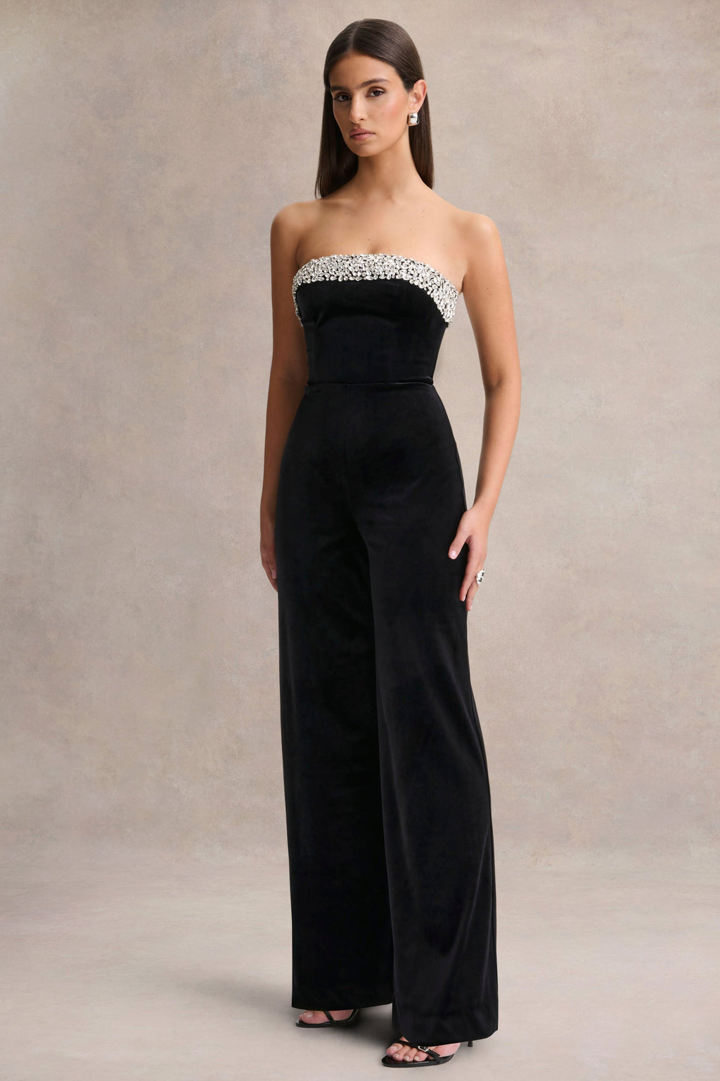 Emelie | Black Velvet Hand-Embellished Bandeau Jumpsuit