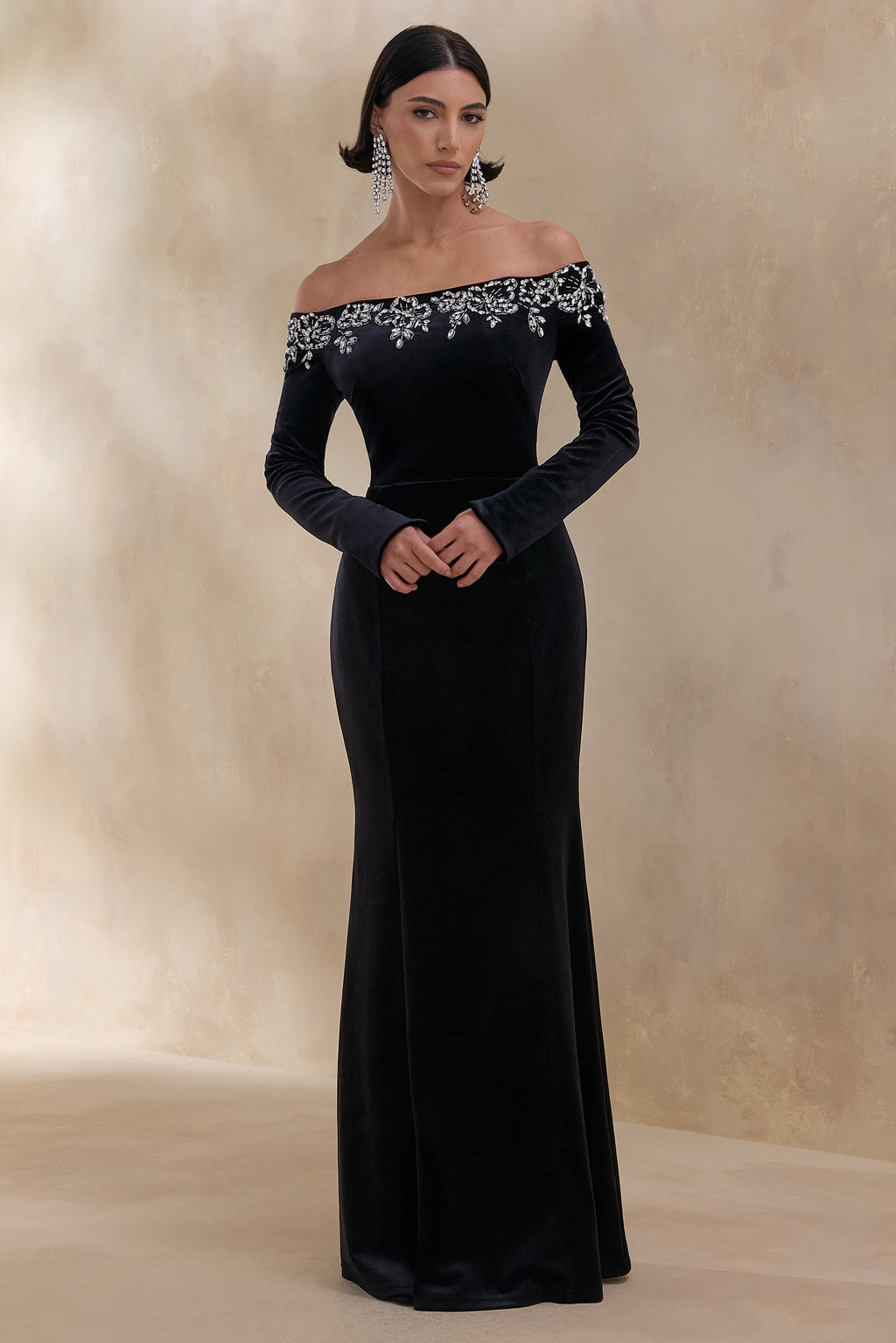 Fern | Black Velvet Embellished Bardot-Neck Maxi Dress