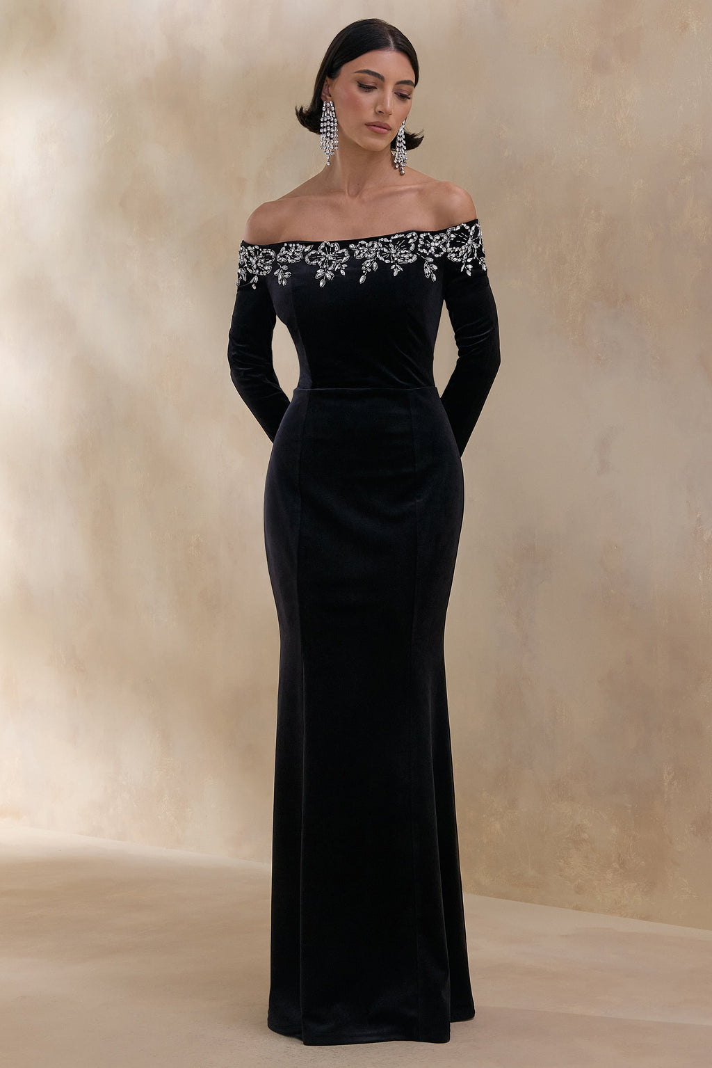 Fern | Black Velvet Embellished Bardot-Neck Maxi Dress
