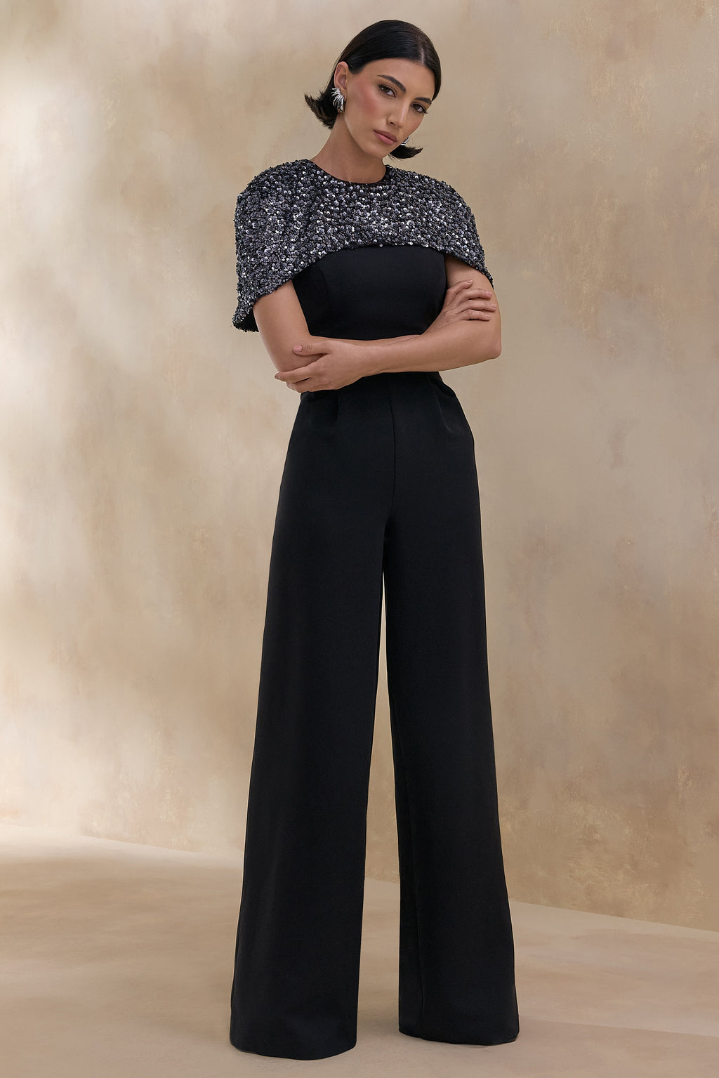 Eloriana | Black Hand-Embellished High-Neck Jumpsuit