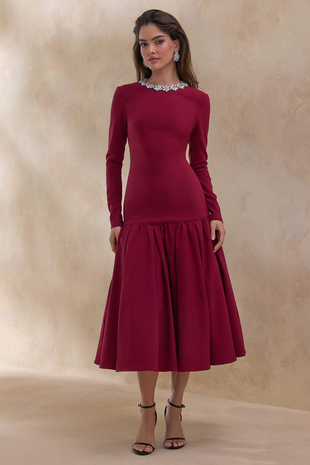 Jovana | Burgundy Hand-Embellished Crew-Neck Midi Dress With Drop Waist