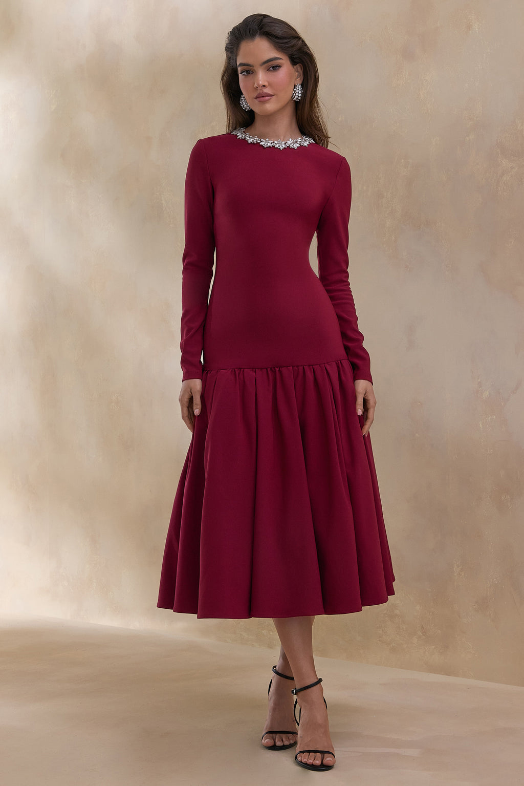 Jovana | Burgundy Hand-Embellished Crew-Neck Midi Dress With Drop Waist