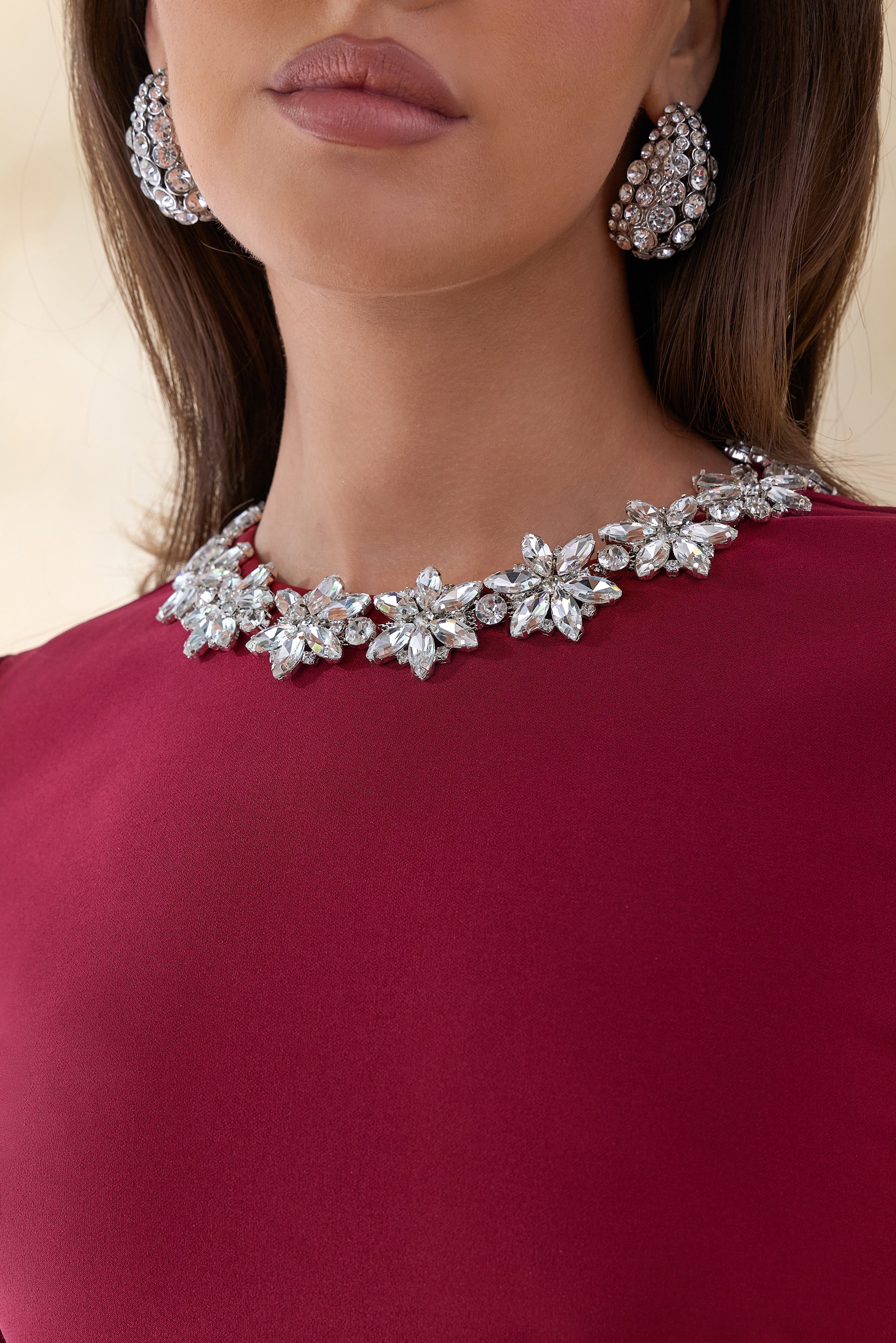 Jovana | Burgundy Hand-Embellished Crew-Neck Midi Dress With Drop Waist