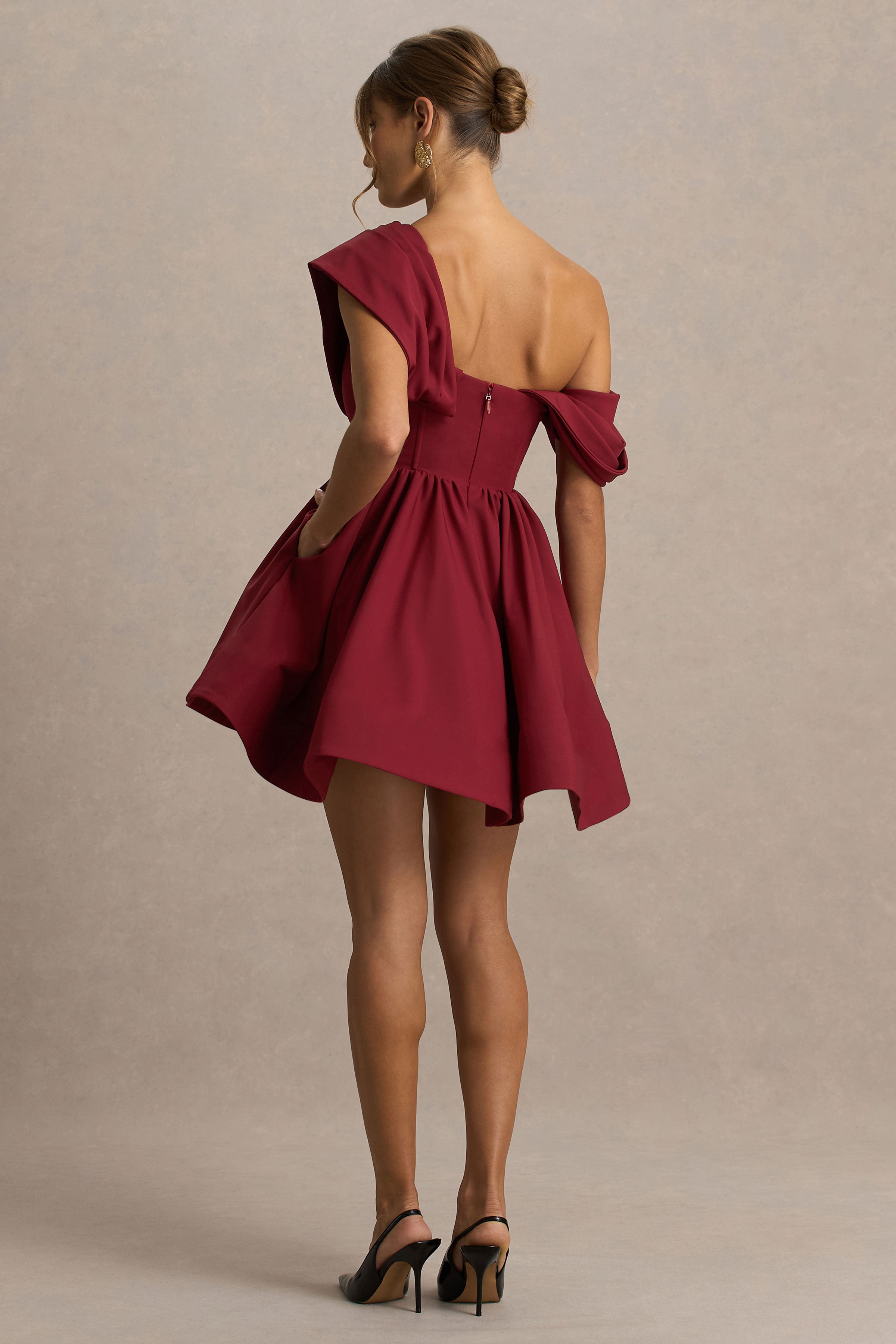 Verona | Burgundy Draped Asymmetric-Neck Skater Mini Dress