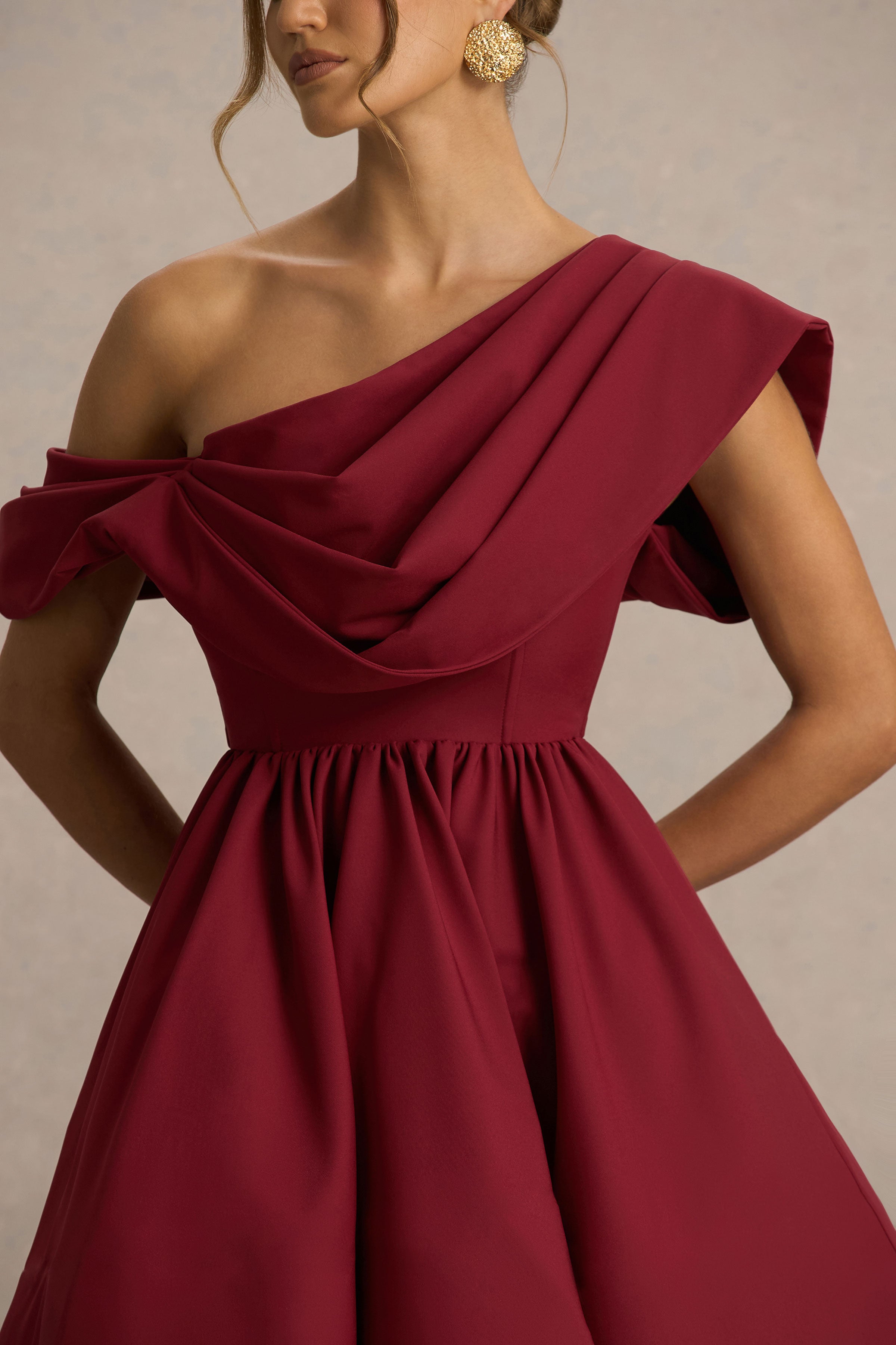 Verona | Burgundy Draped Asymmetric-Neck Skater Mini Dress