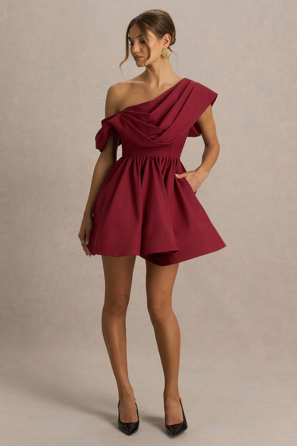 Verona | Burgundy Draped Asymmetric-Neck Skater Mini Dress